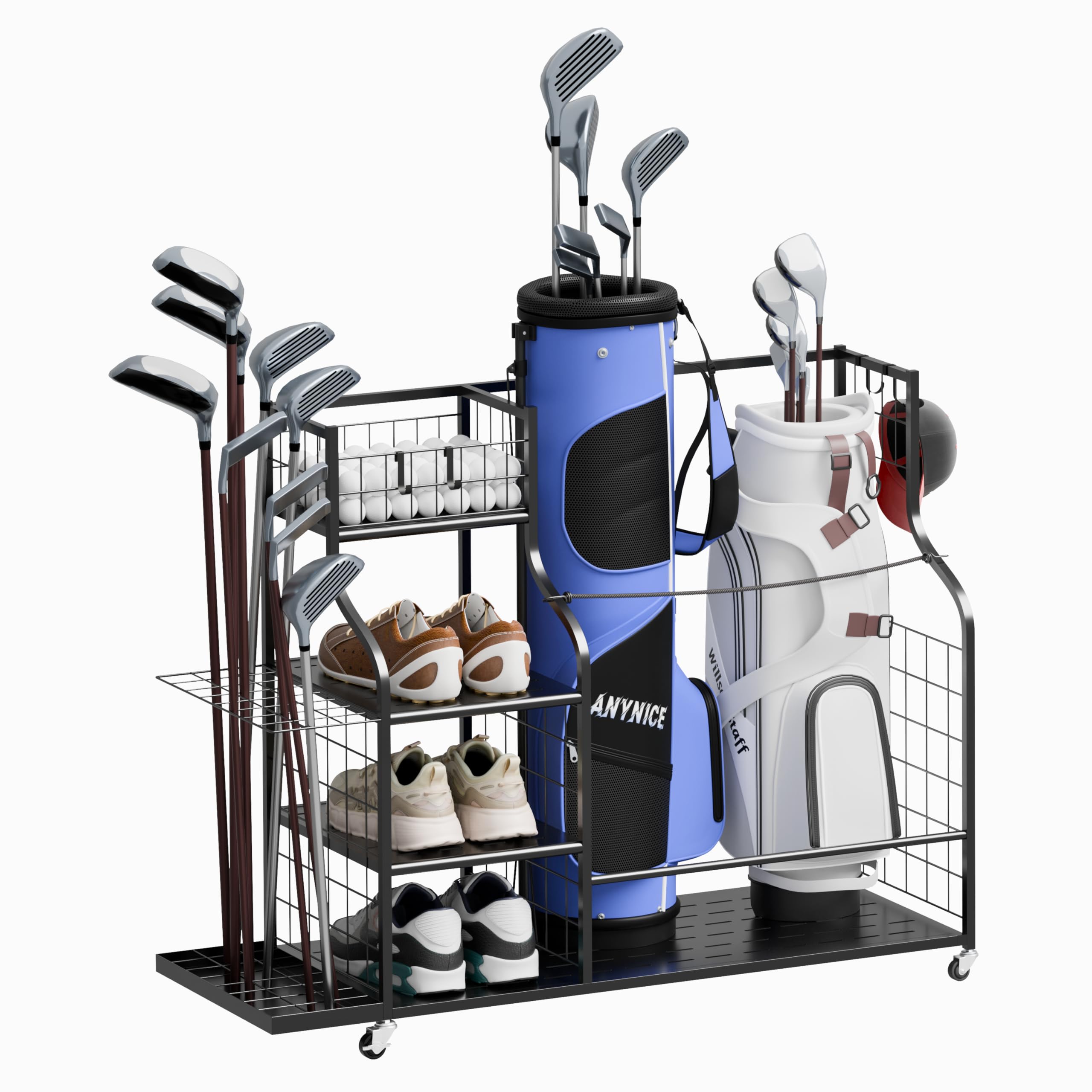 Golf Bag Storage Organizer with Wheels, Garage Golf Equipment Rack for 2 Golf Bags, Clubs, Shoes &amp; Accessories Heavy Duty Metal Stand for Garage, Basement, Home or Shed
