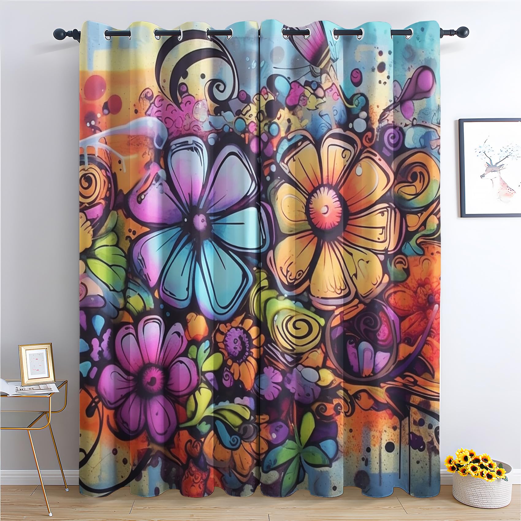 Rideau Occultant Graffiti, Rideau Isolant Thermique pour Salon Chambre, Rideaux Motif Floral, Rideau Opaque à Oeillets, Lot de 2 Rideaux et Draperies Intérieur 140x240cm LxH