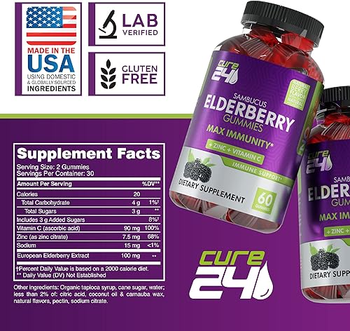 Miniatura 6 de Cure24 Sambucus - Gomitas naturales de saúco con zinc y vitamina C, para niños y adultos, triple apoyo inmunológico, fabricadas en Estados Unidos,