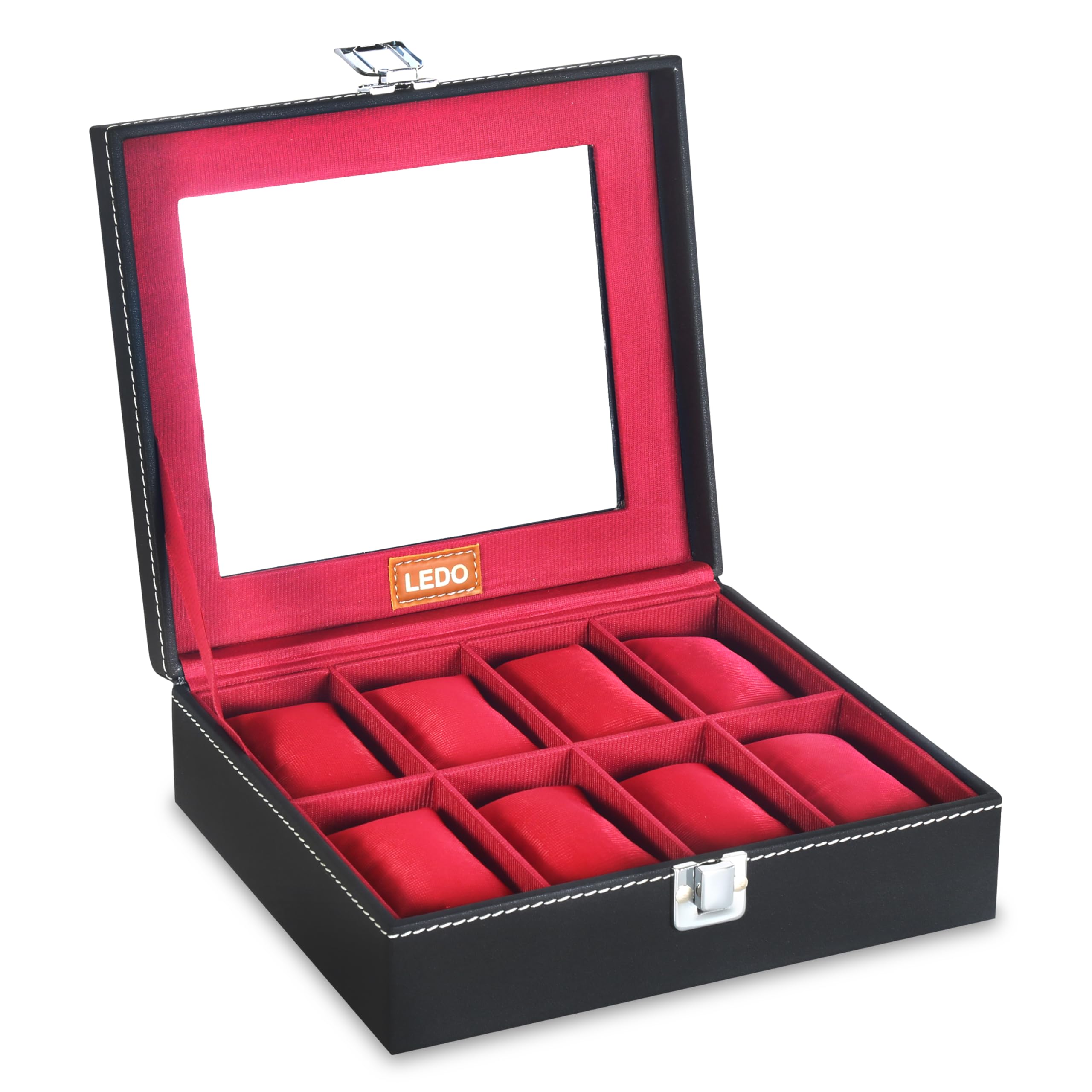 LEDO Scatola per orologi da uomo e donna, con 8 scomparti per orologi in pelle PU con nero e rosso ciliegia