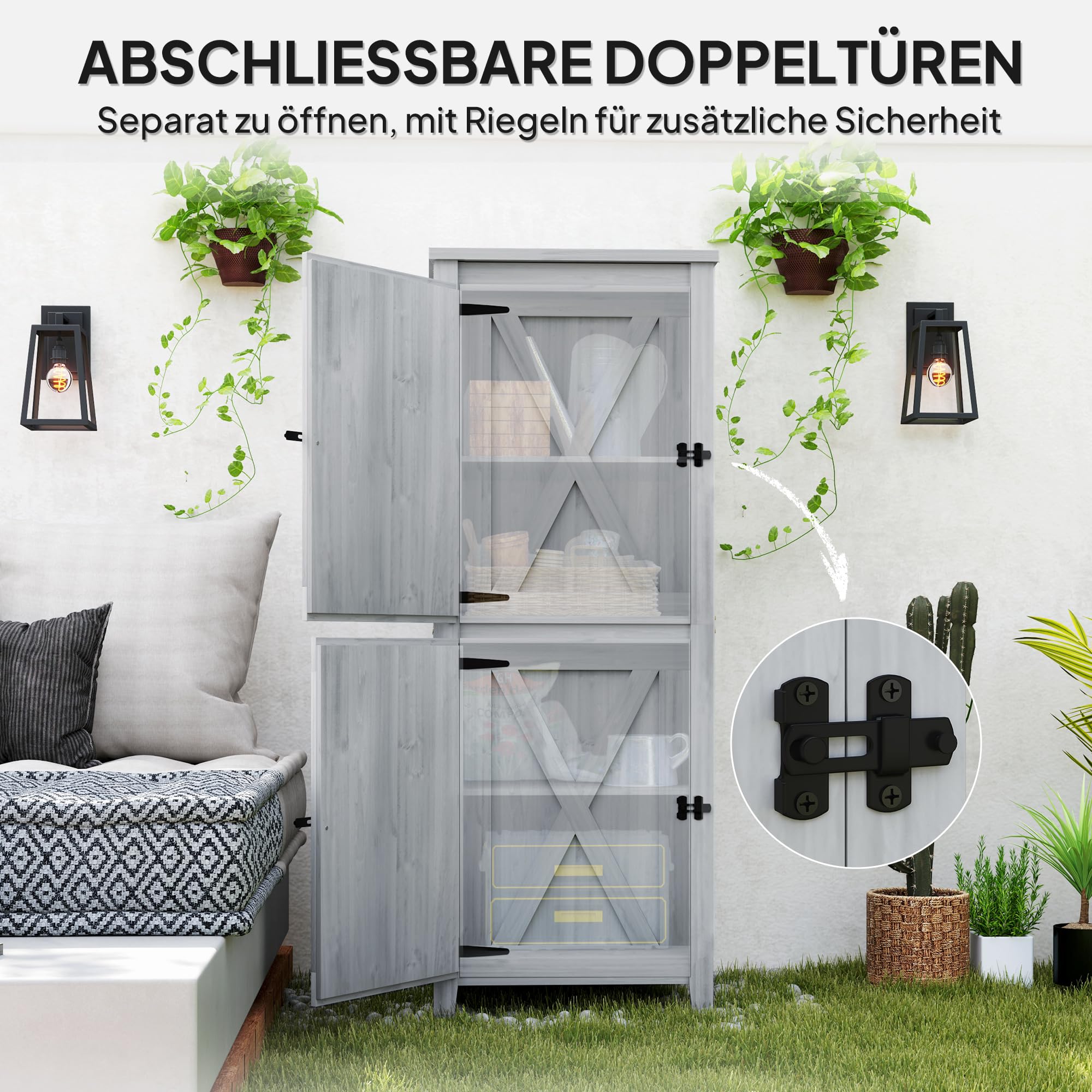 Outsunny Gartenschrank Holz Wetterfest Geräteschrank 60x60x160cm Hellgrau | Geräteschuppen, Gartenschuppen mit Ablagen, Doppeltür, Abschließbar, Gerätehaus Werkzeugschrank, Draußen Schrank