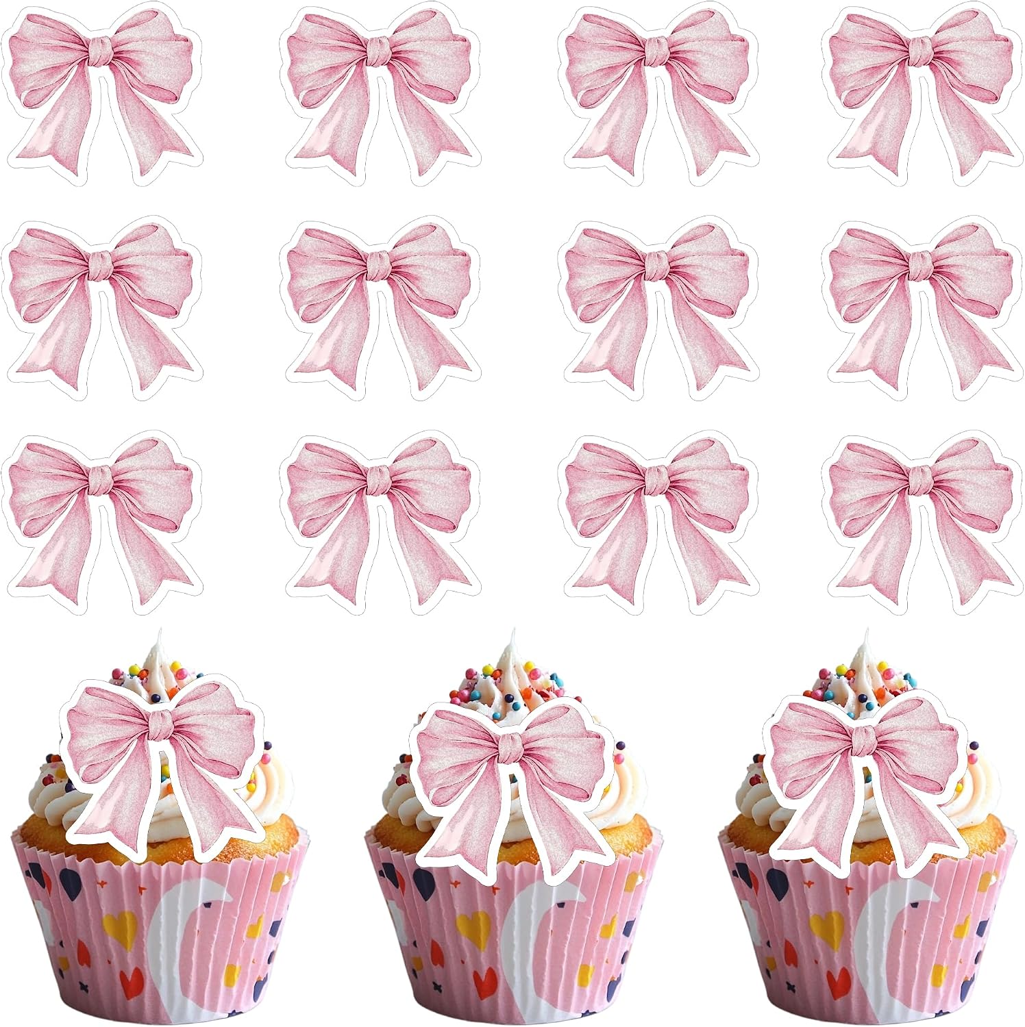 50 PCS Edible Pink Bowknot Cupcake Toppers Wafer Paper Bowknot Cupcake Picks Baby Shower Princess Birthday Party Decorations for Bow Theme Birthday Bridal Wedding Engagement Party Decorations Supplies