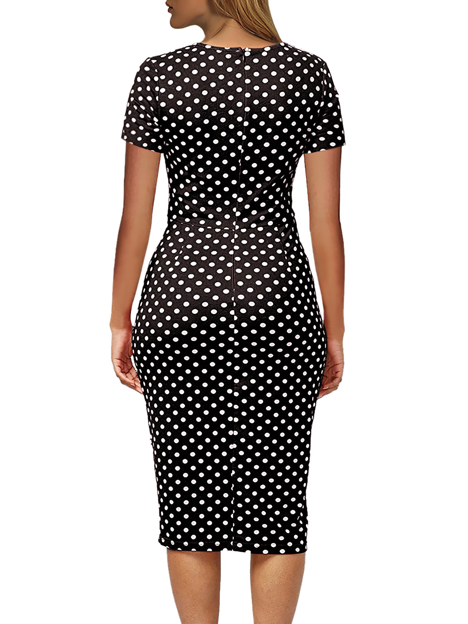 CISMARK Women's Vintage Polka Dot Pencil Dress - Short Sleeve, Slim Fit, Falbala Hem, Blackish Green - View #10