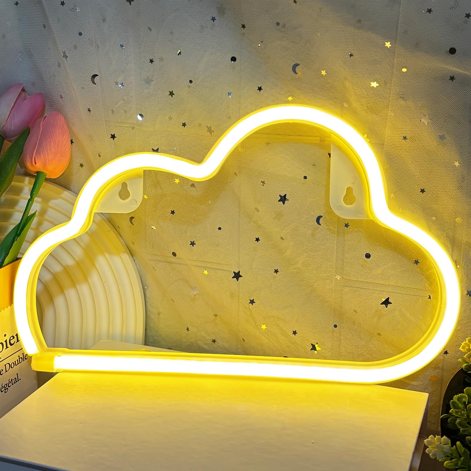 Cloud Neon Sign, Lightning Neon Lights, LED Light Signs for Wall Decor, Battery or USB Powered Decorative Wall Signs Lights for Bedroom,Party,Birthday Gift (Yellow Cloud)