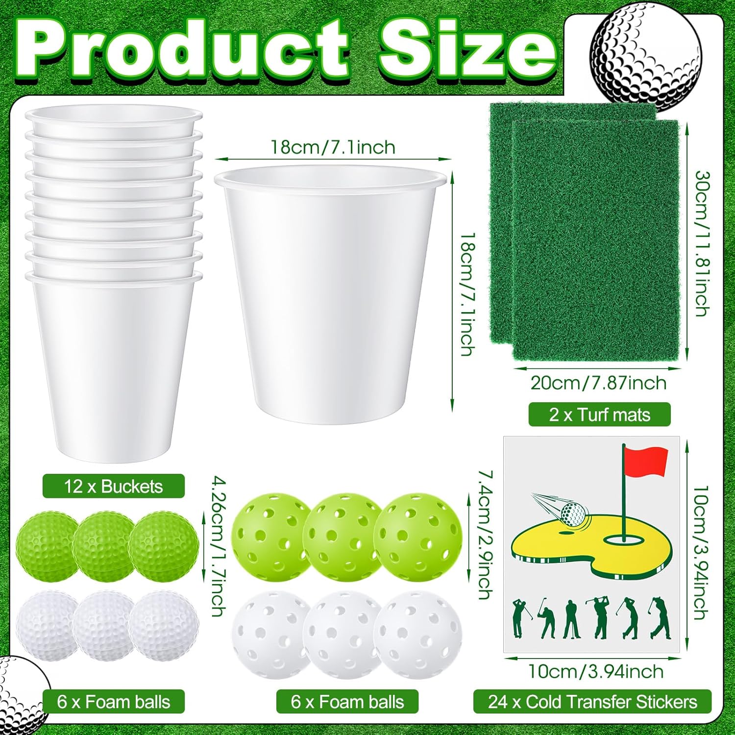 Backyard Golf Chipping Game Set Include 6 Golf Balls 6 P-Balls 12 Buckets 2 Hitting Mats 24 Stickers Portable Bucket Game for Indoor Outdoor Lawn Park Beach Tailgating Parties
