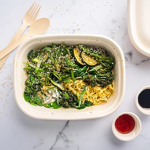 Miniatura 4 de SugaWrap Recipientes desechables de 32 onzas con tapas 50 cuencos + 50 tapas Bambú biodegradable ecológico y caña de azúcar, resistentes y a prueba