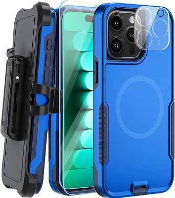 Magnetic for iPhone 15 Pro Max Case,[Compatible with MagSafe][Belt Clip Holster],with 2X Glass Screen Protecto+1X Lens Protecto,Phone Cover for Apple iPhone 15 Pro Max 6.7 Inch - Dark Blue