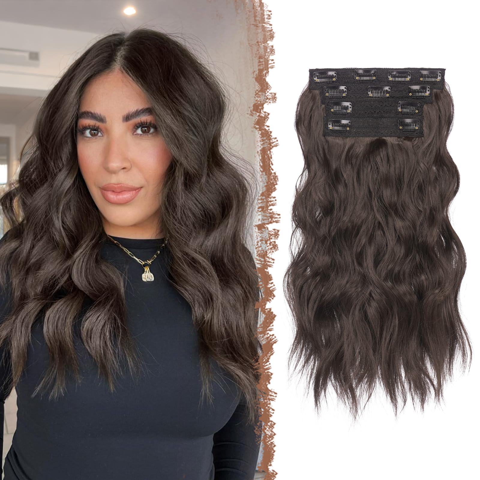 FESHFEN Clip in Hair Extensions 4PCs Long Wavy Thick Hair Piece Highlighted Full Head Synthetic Natural Curly Light Beige Blonde Mix Cream Blonde Extension for Women 16 Inch