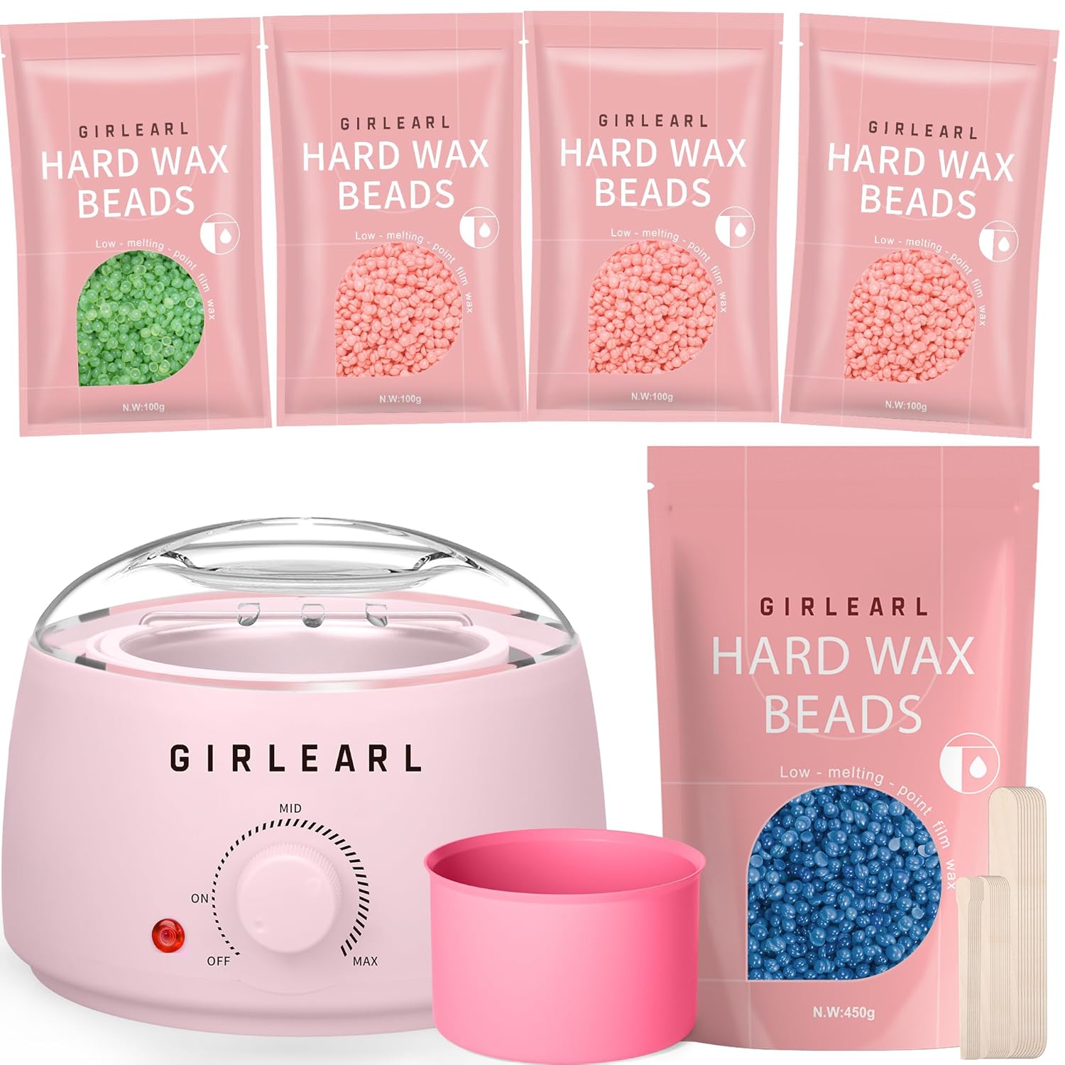 GIRLEARLE Pink Waxing Kit + 1lb Chamomile Hard Wax Beads at Home, Multiple Formulas Target Different Types of Hair for Brazilian Bikini, Facial, Leg, Full body