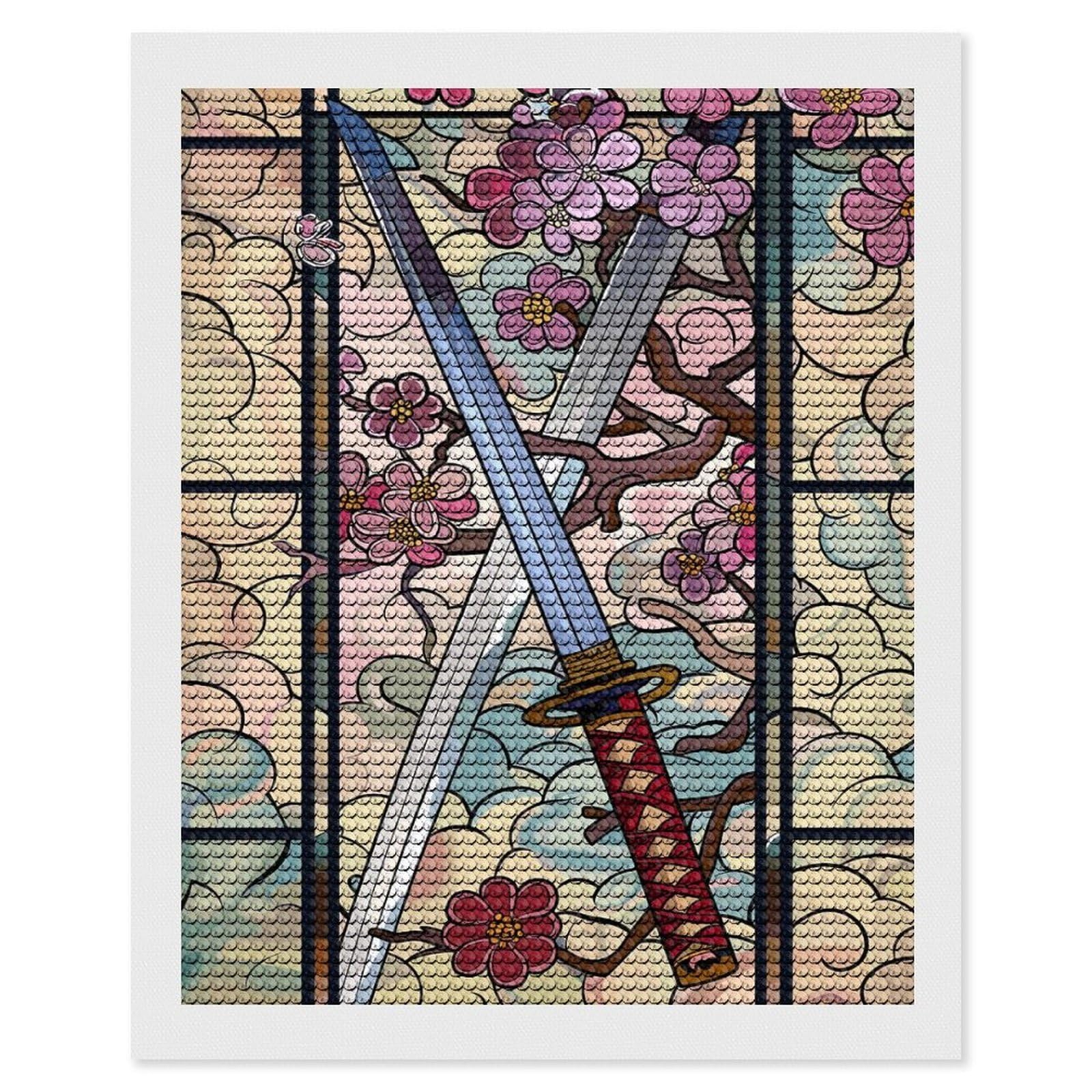 Junmoney Samurai Swords and Cherry Blossoms Diamond Painting Canvas Set 16"x20", for Women, Mindful Craft Activity, Cosy Home Accent, Festive Craft Gift
