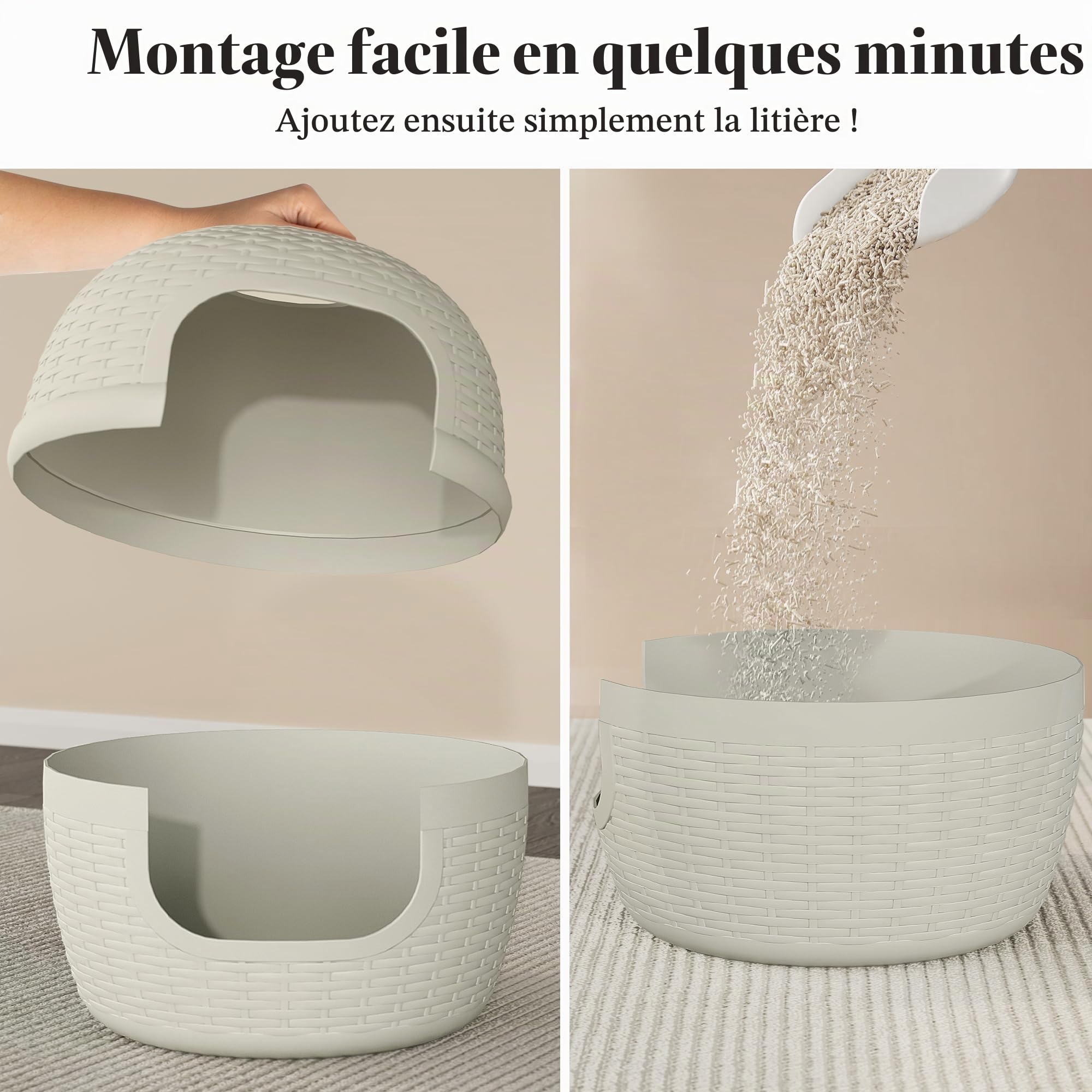 SUNVIVI Litière pour chat avec plante artificielle et pelle, bac à litière caché avec contrôle des odeurs et filtre à charbon dans le salon, la chambre à coucher, le coin, blanc cassé