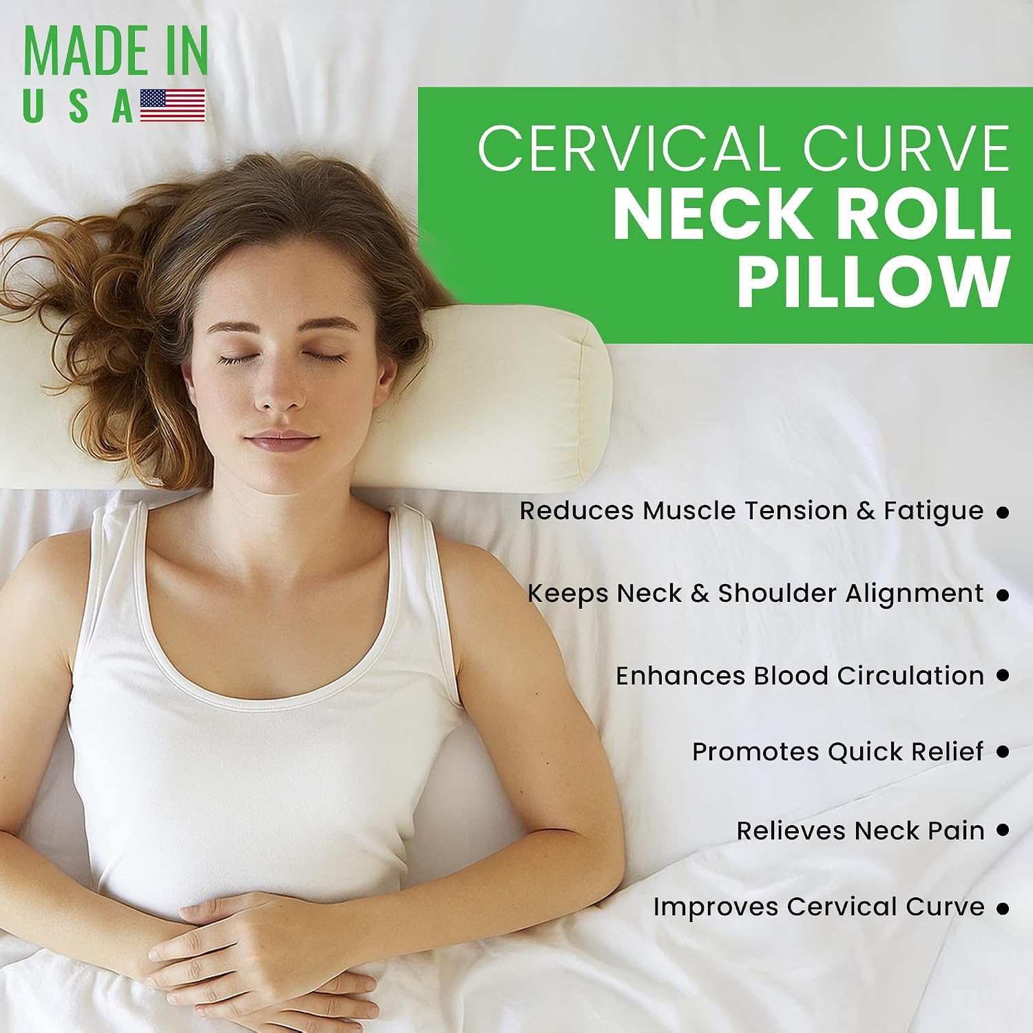Organic Cotton Neck Roll Pillow with Pillowcase – Organic Buckwheat Filled Soft Neck Pillow with Breathable and Durable Fabric Washable Protector – Supportive for Deep Sleep – Made in USA, 4" x 12"