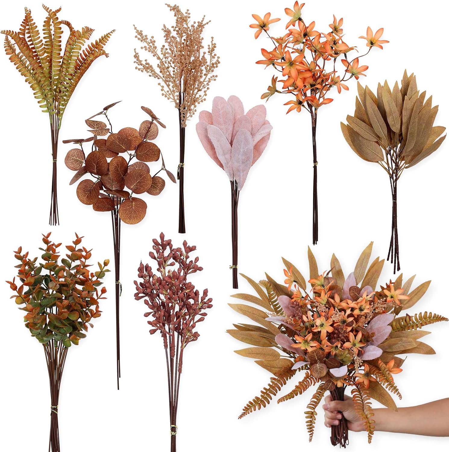 Artificial Greenery Stems Box Set for Fall Decor (Pack of 70pcs) with 8 Kinds of Faux Plants and Fake Flowers for Autumn DIY Wedding Bouquet Table Centerpieces and Floral Arrangement (Brown & Orange)