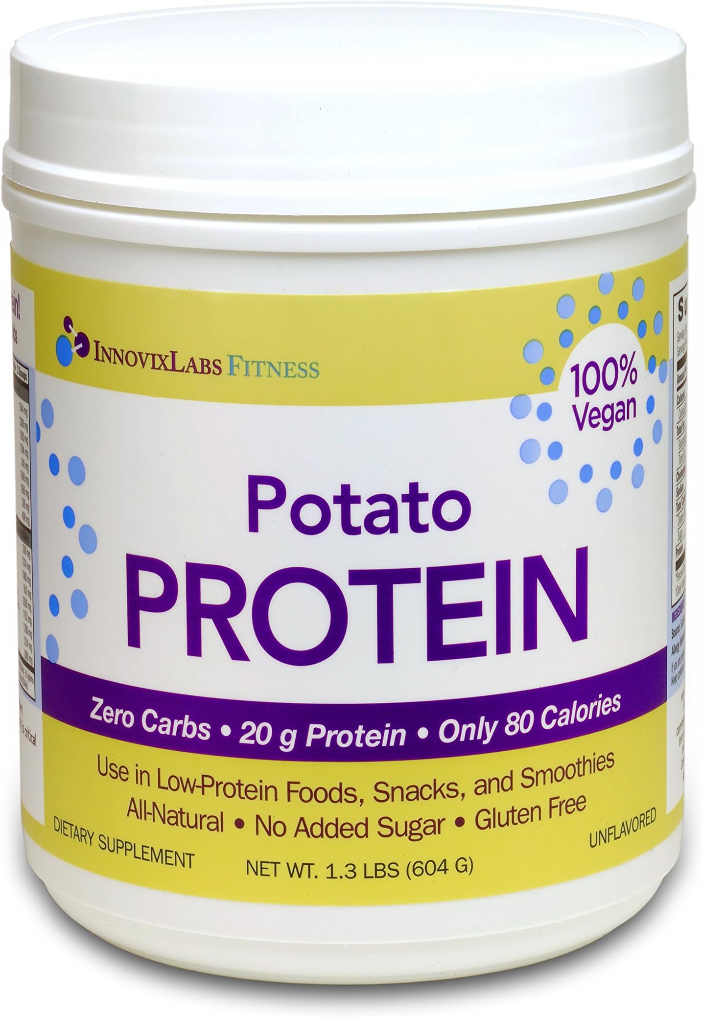 Potato Protein (by InnovixLabs). No Carbs. No Starch, Just Protein! Only Vegan Protein Made with 100% Potato Protein Isolate. 20 Grams Protein per Serving - 25 Servings. All Natural - Unflavored