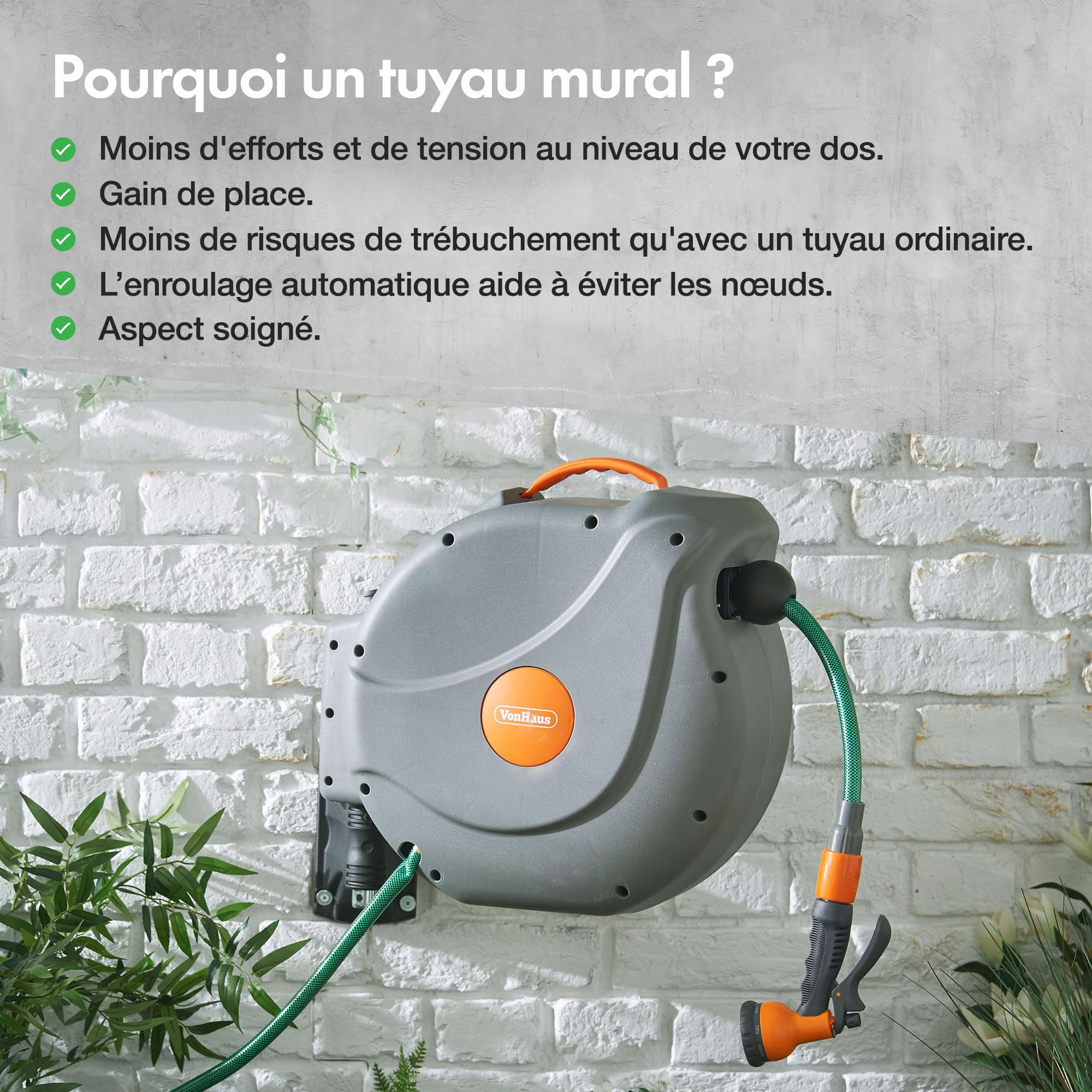 VonHaus Enrouleur Tuyau Arrosage Mural 30 m, Tuyau Arrosage avec Enrouleur, Verrouillage et Enroulage, Fixations Murales, Pulvérisateur 8 Fonctions (30 m) | Tuyau Arrosage avec Enrouleur, Verrouillage et Enroulage, Fixations Murales, Pulvérisateur 8 Fonct