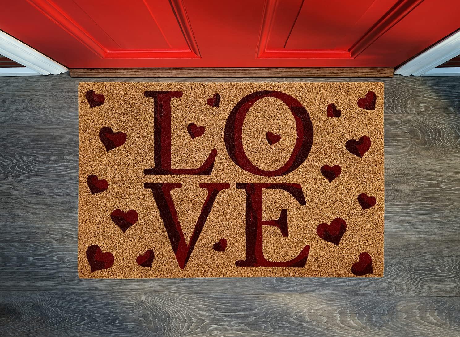 Kashi Home Printed Coir Fiber 18x28 Non-Slip Doormat, Durable Outdoor/Indoor Rug, Entryway, Front Door, Porch, Patio, Welcome Mat, Valentine's Day Love Theme, Heart Design Decor (Love)