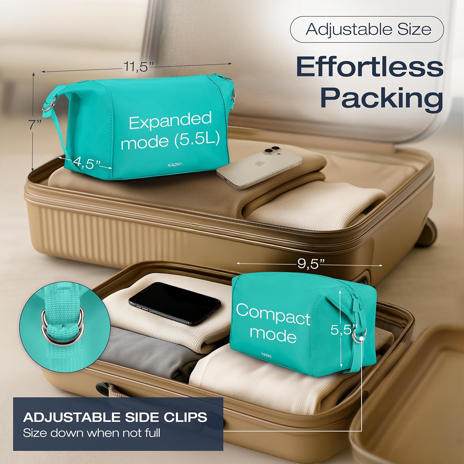 KAZAY Expandable Toiletry Bag with Side Clips for Adjustable Sizing, Premium High-Density Nylon, Open Wide Zipper, Stylish, Water Resistant, Cosmetic Bag, Makeup Bag, Full-Size Bottles, Unisex (Aqua) - Image 3