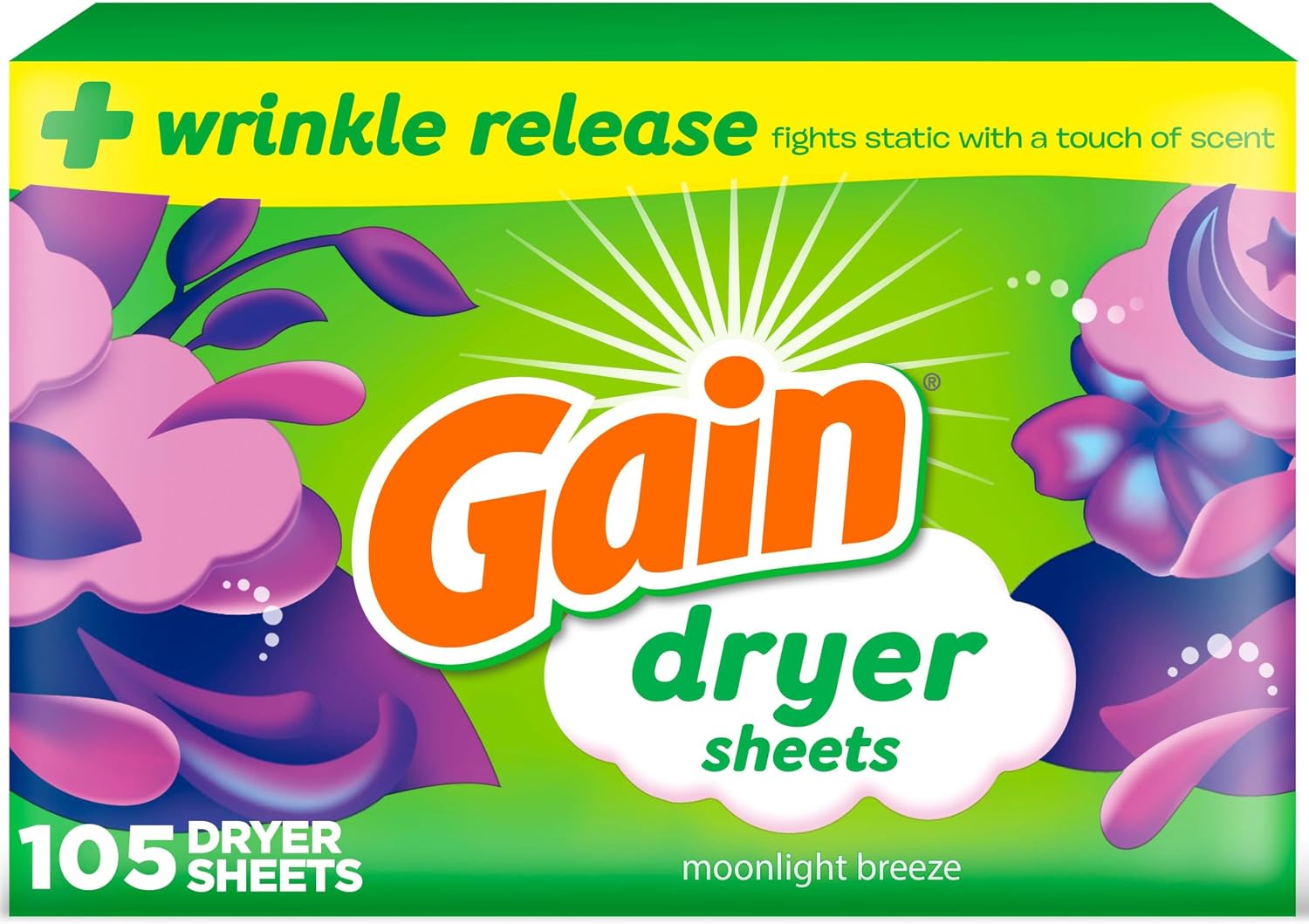 Gain dryer sheets, 105 Count, Moonlight Breeze Scent, Laundry Fabric Softener Sheets with 2-in-1 Aromaboost Plus Softness