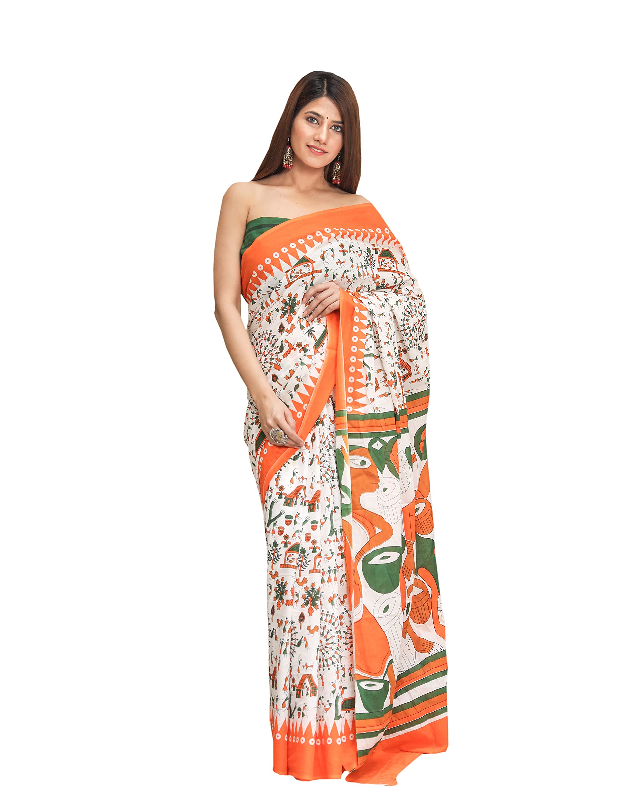Rovim Women's Jaipuri Hand Block Indigo Ajrakh Printed Pure Cotton Mulmul Saree With Matching Blouse Piece (White)-image-1