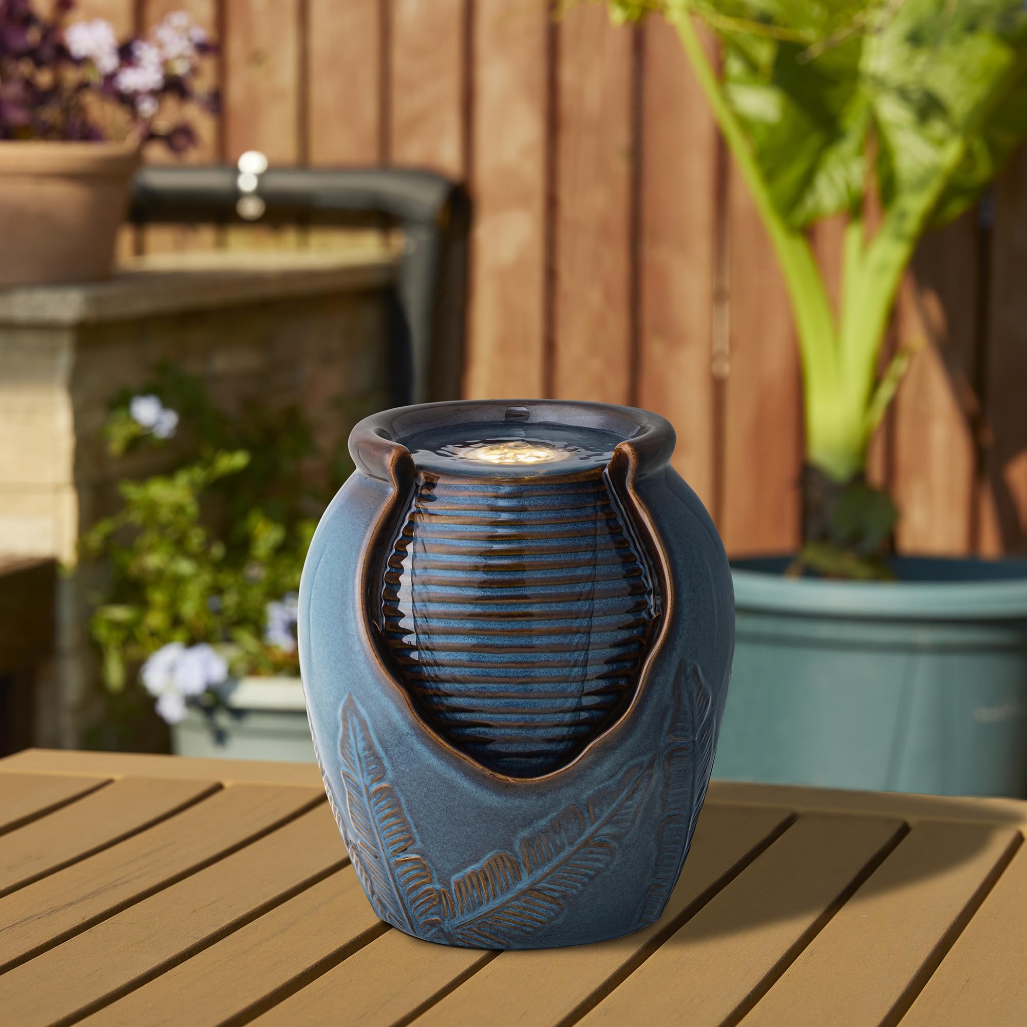 Glitzhome Indoor Outdoor Ceramic Jar Water Fountain with LED Light, Mini Turquoise Leaf Textured Tabletop Clay Pot Water Fountain, Decorative Zen Meditation Table Waterfall for Home Office, 9.25”H