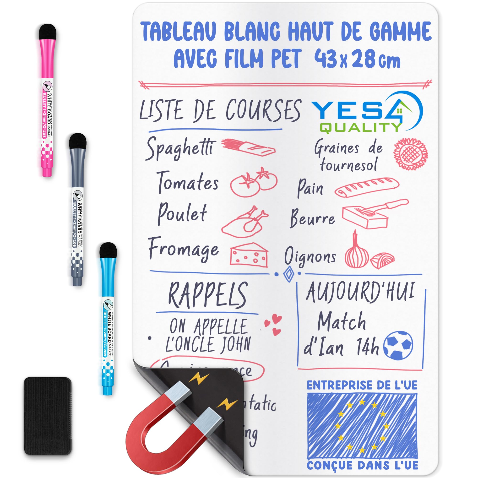 Tableau blanc magnétique effaçable à sec extra large pour réfrigérateur - A3 / 43 x 28 cm - Anti-taches avec 3 marqueurs et une grande gomme aimantée - par Yes4Quality
