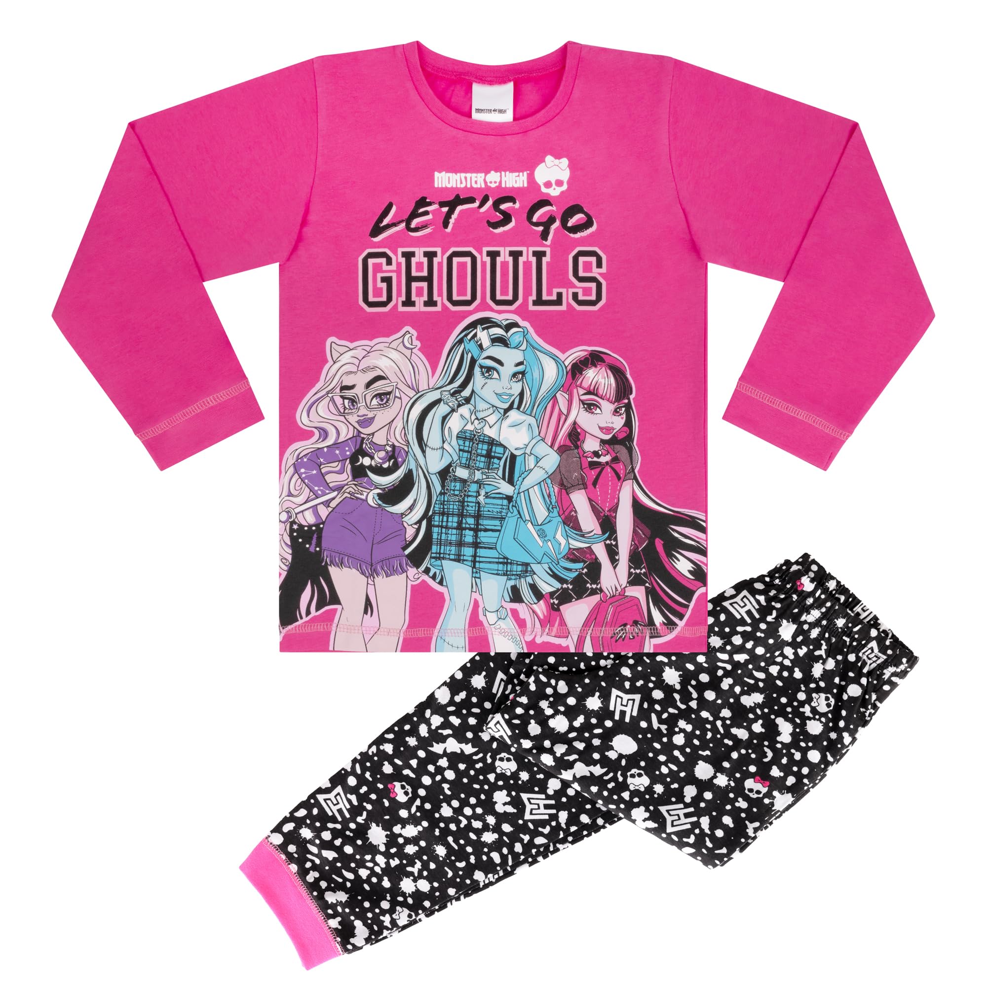 Mattel Girls Hot Pink / Black Monster High Lets Go Ghouls, 100% Cotton Long Sleeved Pyjama Set, Hot Pink/Black, 4-5 Years: 110Cm, Pink