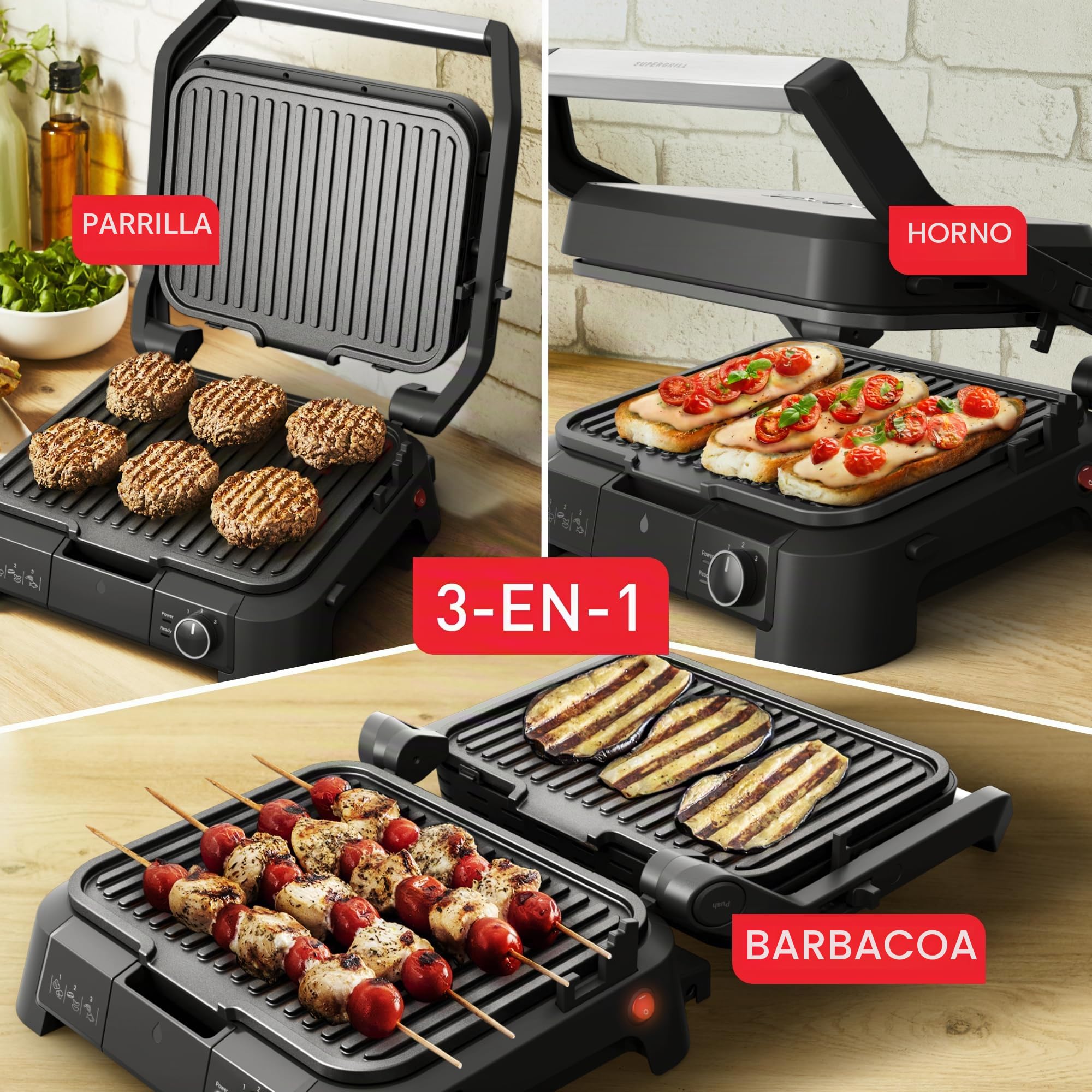 Tefal SuperGrill, Barbacoa contacto 3 en 1, Posición horno con 3 alturas, Superficie de cocción de 600 cm², termostato ajustable, 3 niveles de temperatura, antiadherente, 2000 W, GC510DE0 | Termostato ajustable, modo de horno con 3 alturas ajustables, pla