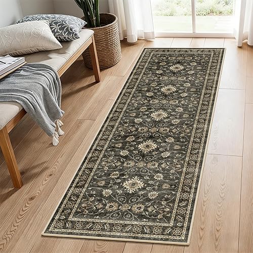 WIEVEDENS 2x6 Vintage Distressed Non-Slip Runner Charcoal