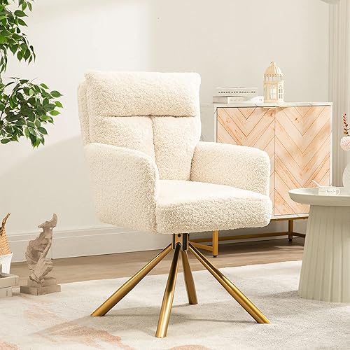 NORDICANA Silla giratoria de sherpa de 180 para sala de estar, sillón moderno con patas doradas, silla ergonómica tapizada sin ruedas para