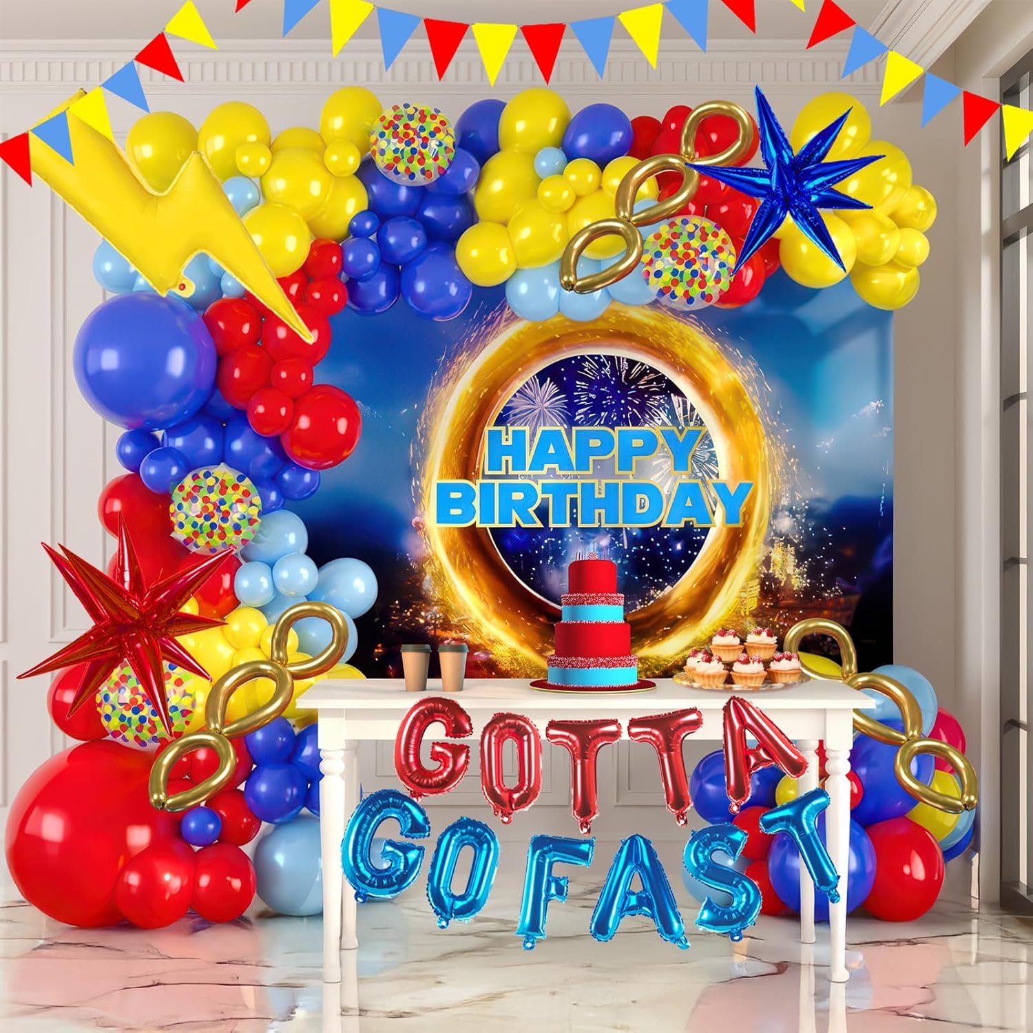 Red Blue Yellow Hedgehog Birthday Party Decorations with Letter Lightning foil balloons Banner backdrop for small balloon arches video game Cartoon Movies Super hero themed birthday party decor