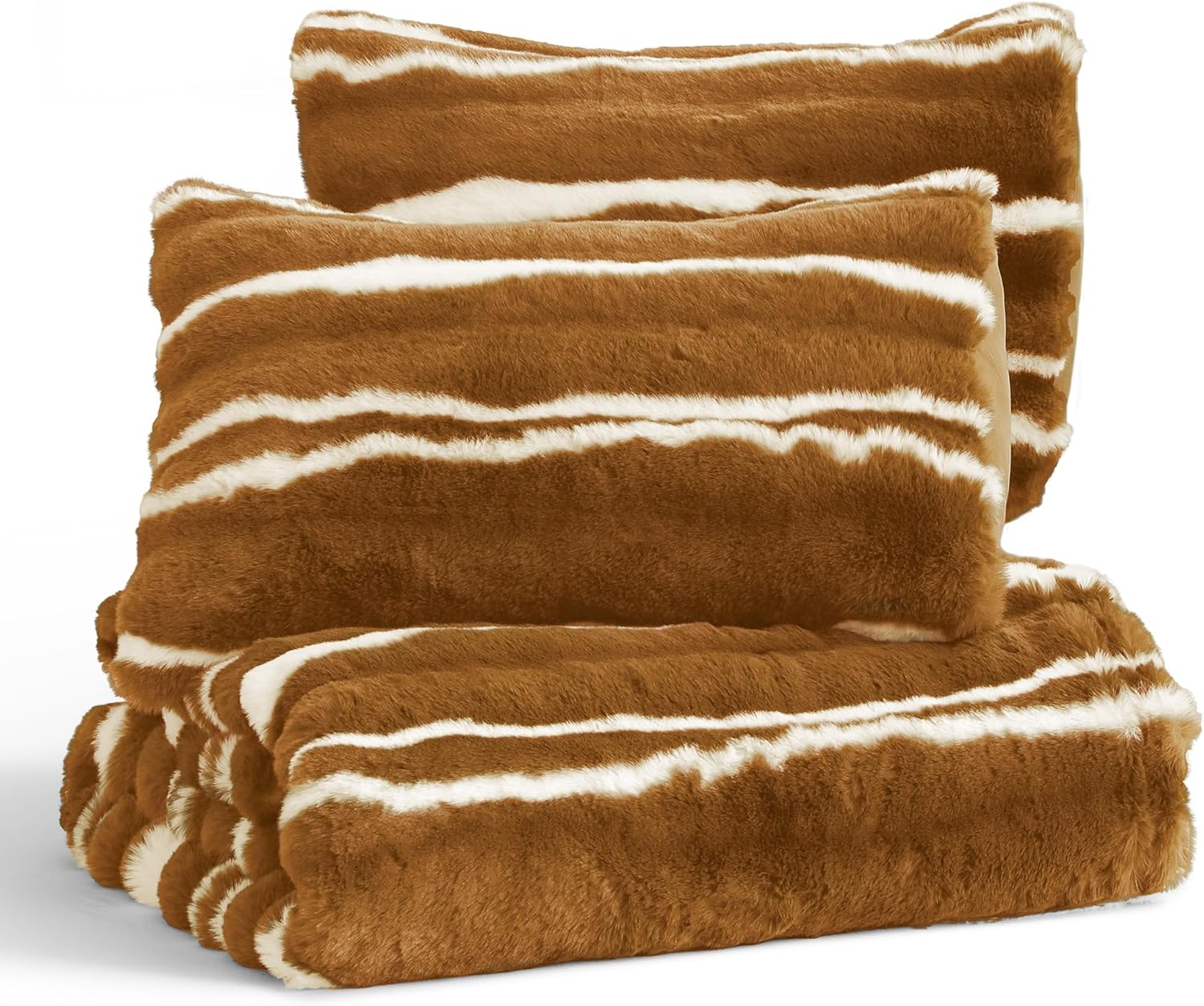 Wonderful 3 Pieces Fluffy Faux Rabbit Fur Comforter Set Queen Size, Caramel Plush Fuzzy Bedding Set, Animal Stripes Design Warm Soft Comforter Bedding Set for All Season,90"x94" - Image 5