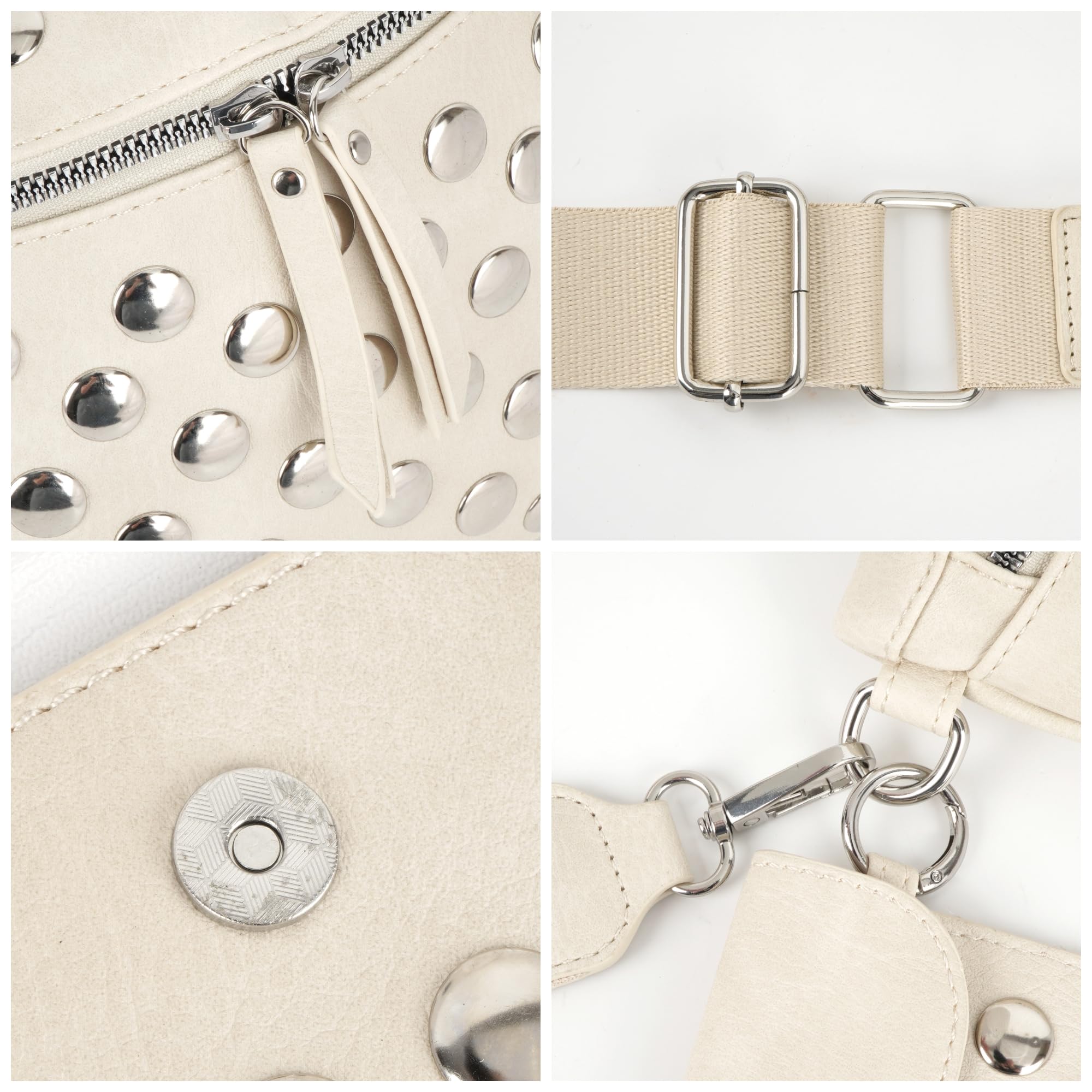 LABANCA Riñonera de piel sintética para mujer, con remaches y tachuelas y cremallera, bolsa de hombro para festival, 08676Blanco, 13.4 * 5.1 * 3.5 in, Casual