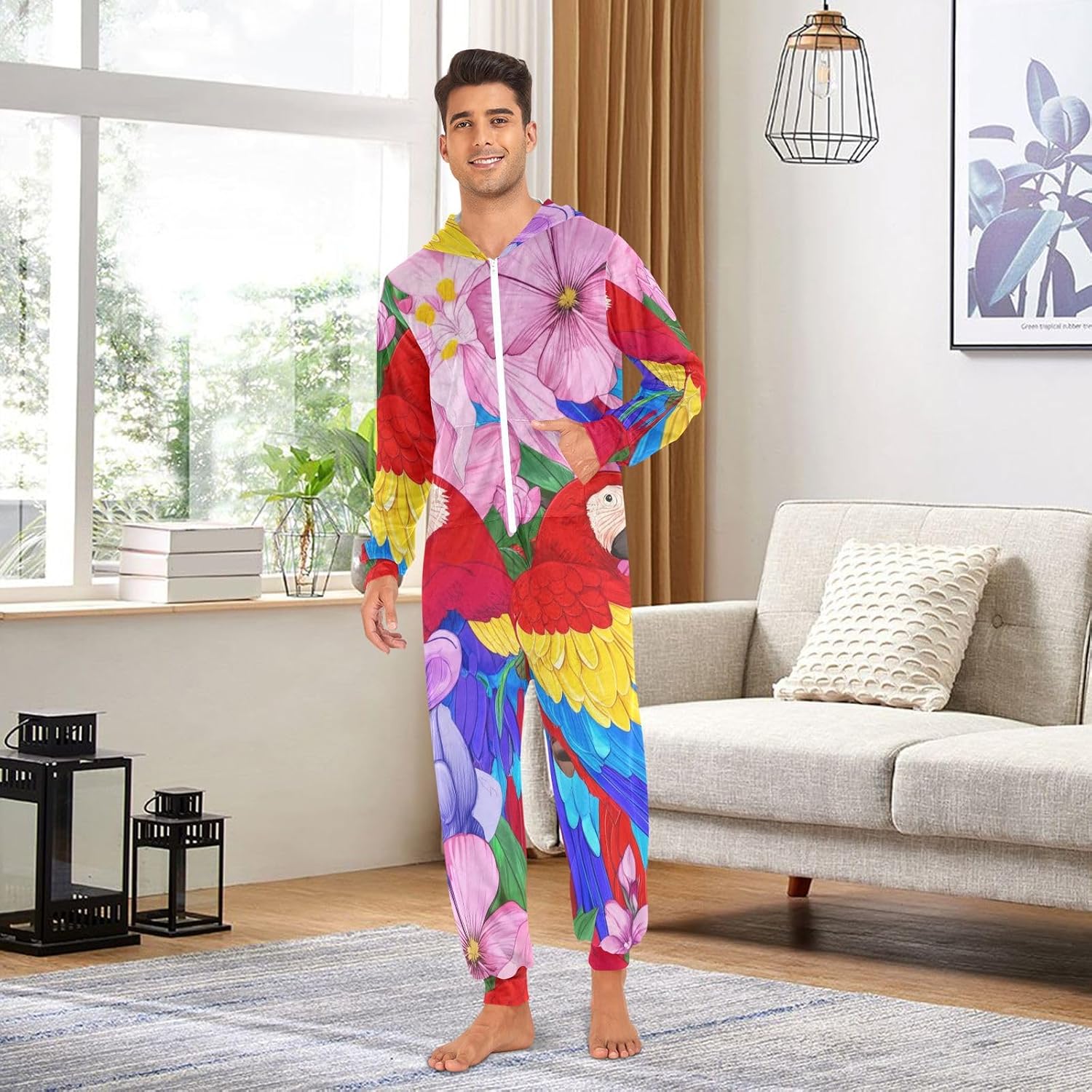 GAIREG Tropical Parrots Flowers Hooded One-Piece Pajamas, Soft Onesie Pjs for Mens Womens