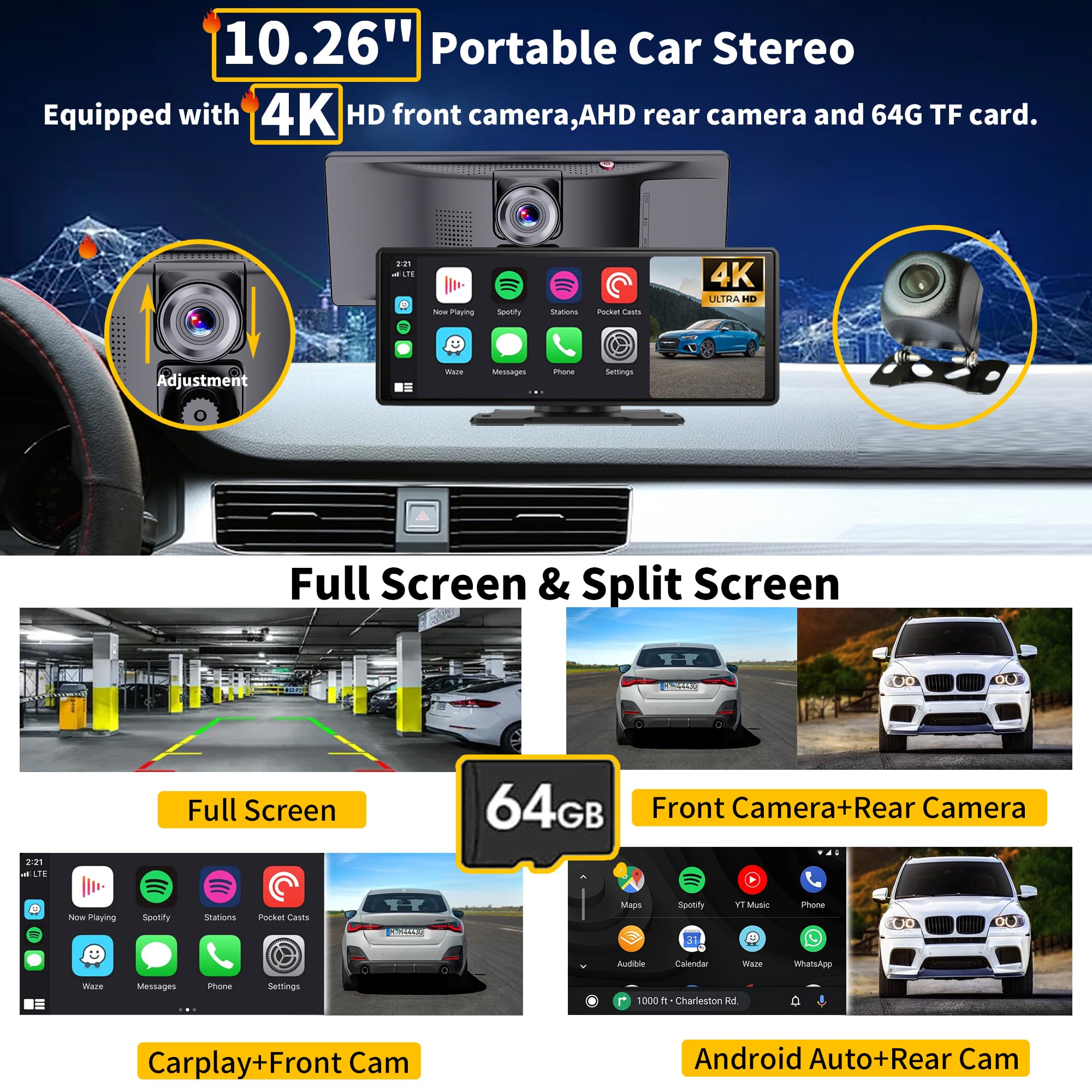 SCUMAXCON Portable Car Stereo Wireless CarPlay Android Auto 4K Dash Cam with Backup Cam Airplay 10.26" IPS Touchscreen Loop Recording GPS Navigation Bluetooth FM AUX Built in Speaker Android Cast - Image 3