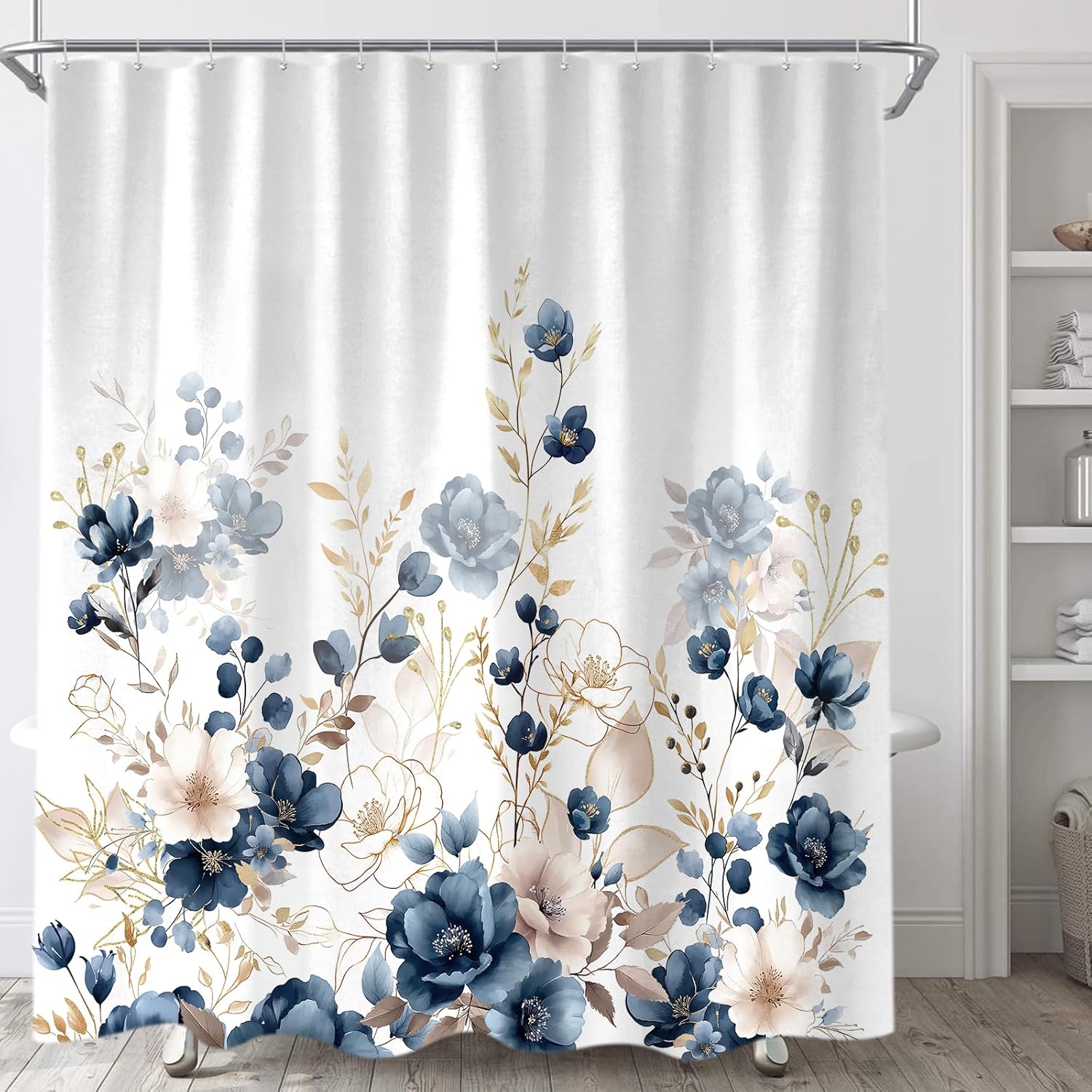 Sanzugh Navy Blue and Gold Flower Shower Curtain, Boho Watercolor Floral Leaves Cute Fabric Shower Curtains Set for Bathroom Decorative with Hooks 72 X 83 inch Beautiful Bath Decor