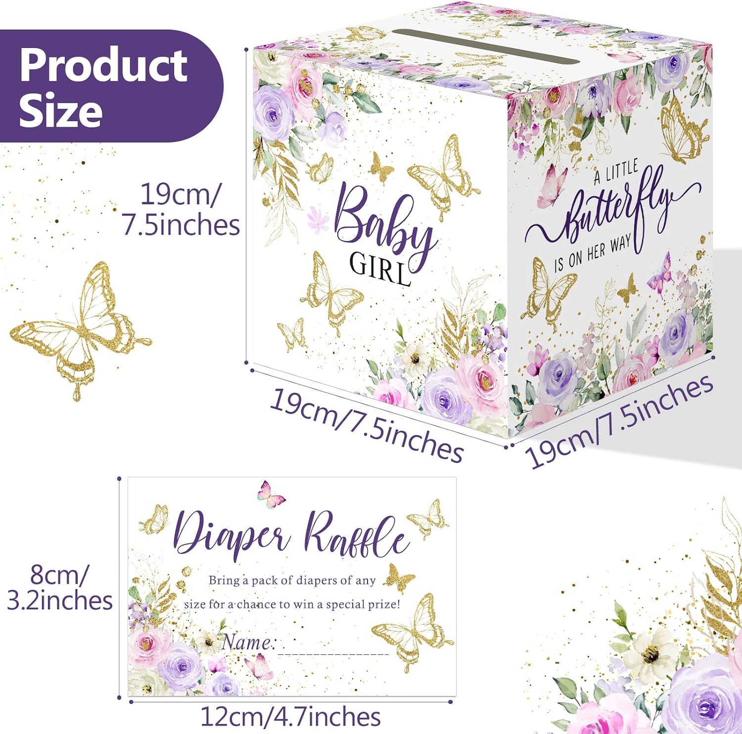 Pajean 51 Pcs Butterfly Diaper Raffle Tickets with Diaper Raffle Card Box for Baby Shower Games a Little Butterfly is on Her Way Boys Girls Gender Reveal Party Invitation Insert Card Game