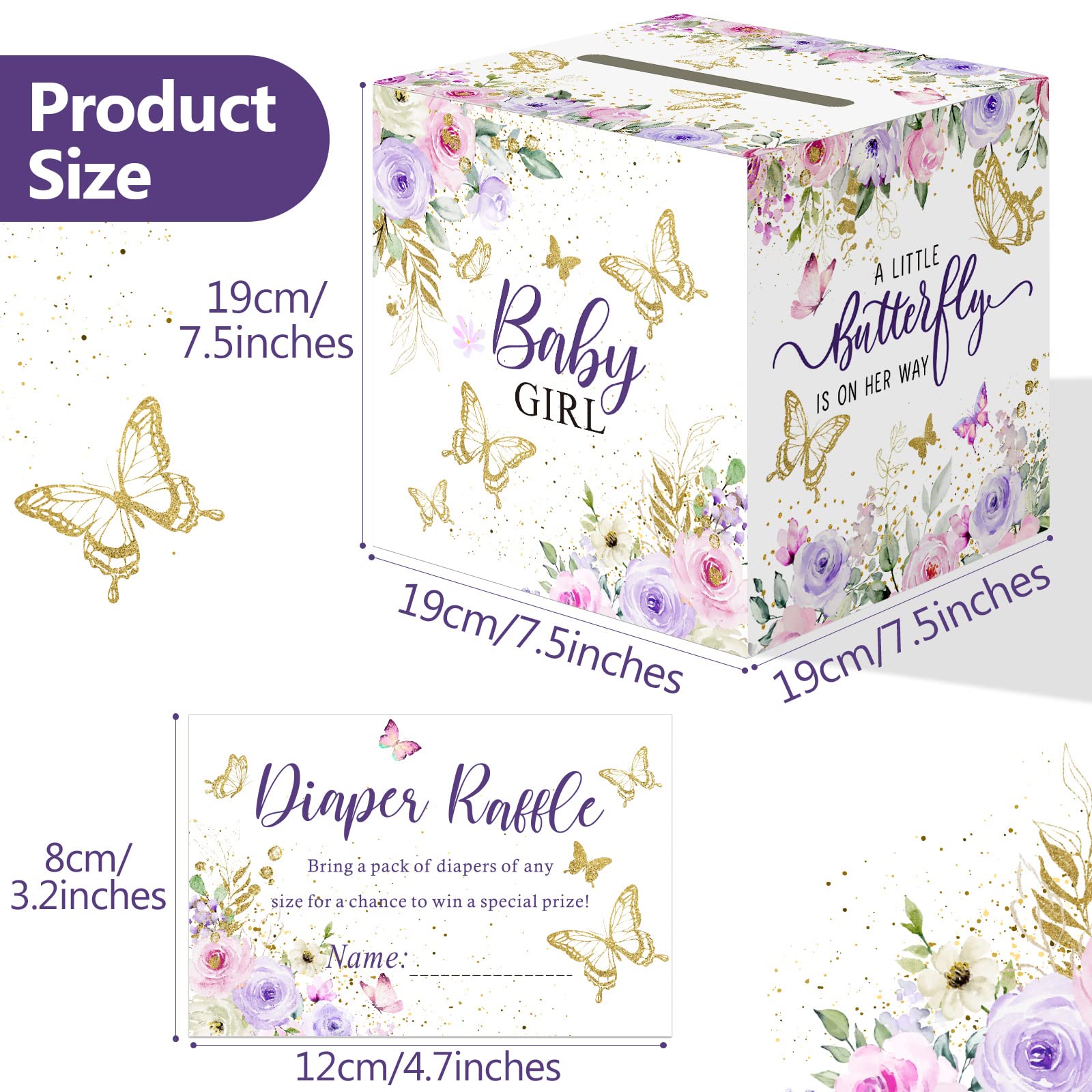 Pajean 51 Pcs Butterfly Diaper Raffle Tickets with Diaper Raffle Card Box for Baby Shower Games a Little Butterfly is on Her Way Boys Girls Gender Reveal Party Invitation Insert Card Game