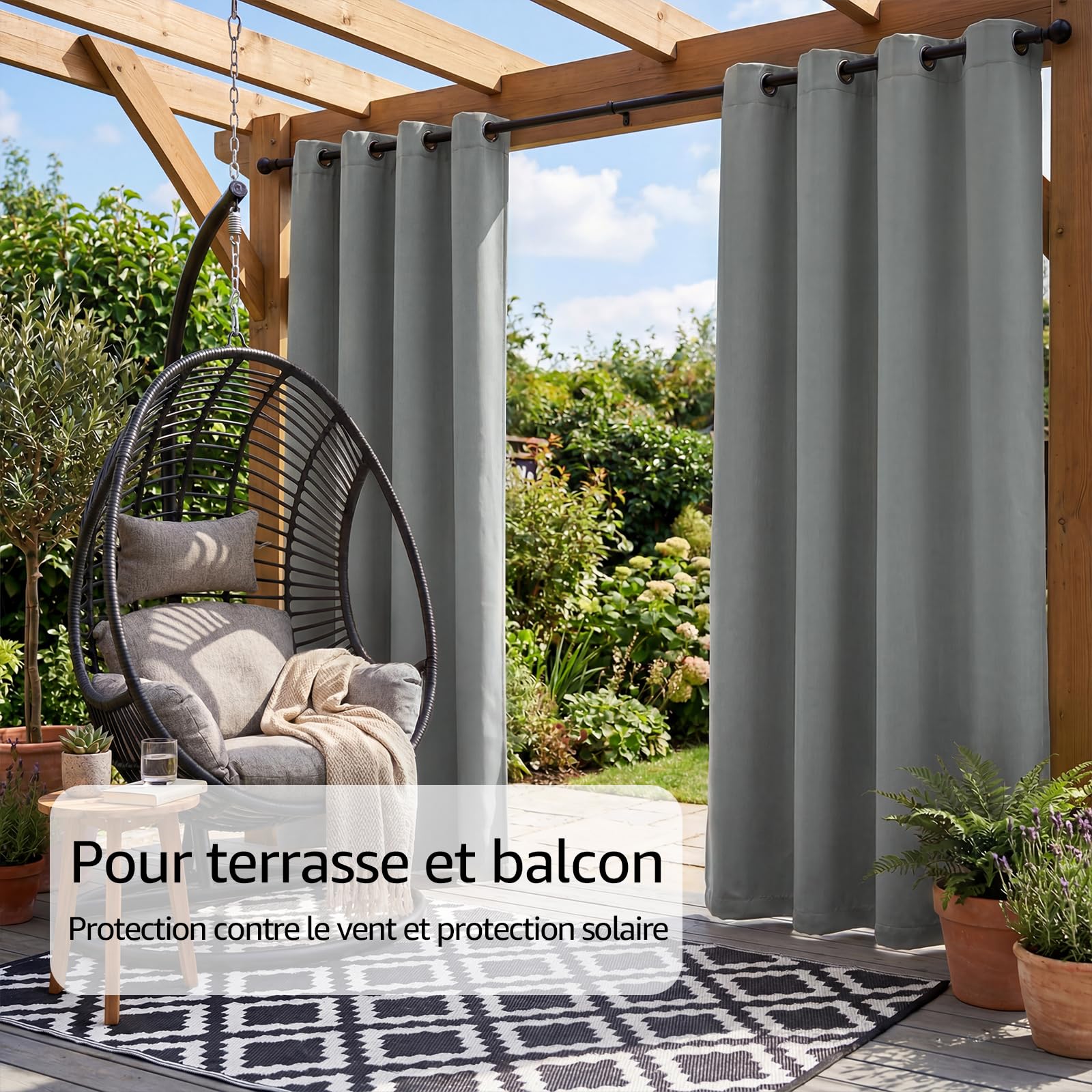 TOPICK Lot de 2 Rideaux d'extérieur Occultants Imperméables à Oeillets， Protection de l'Intimité, Usage Intérieur et Extérieur, L132 x H275 cm, Gris Clair, pour Pergola Terrasse Balcon Jardin Tonnelle