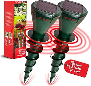 PATTLER® Mole Repellent USB-Chargeable Solar Powered | Screw-Shape Design | 8,000 Sq Ft Coverage | Best Snake Repellent for Yard, Great for Getting Rid of Moles and Voles | Gopher Repellent | 2 Units