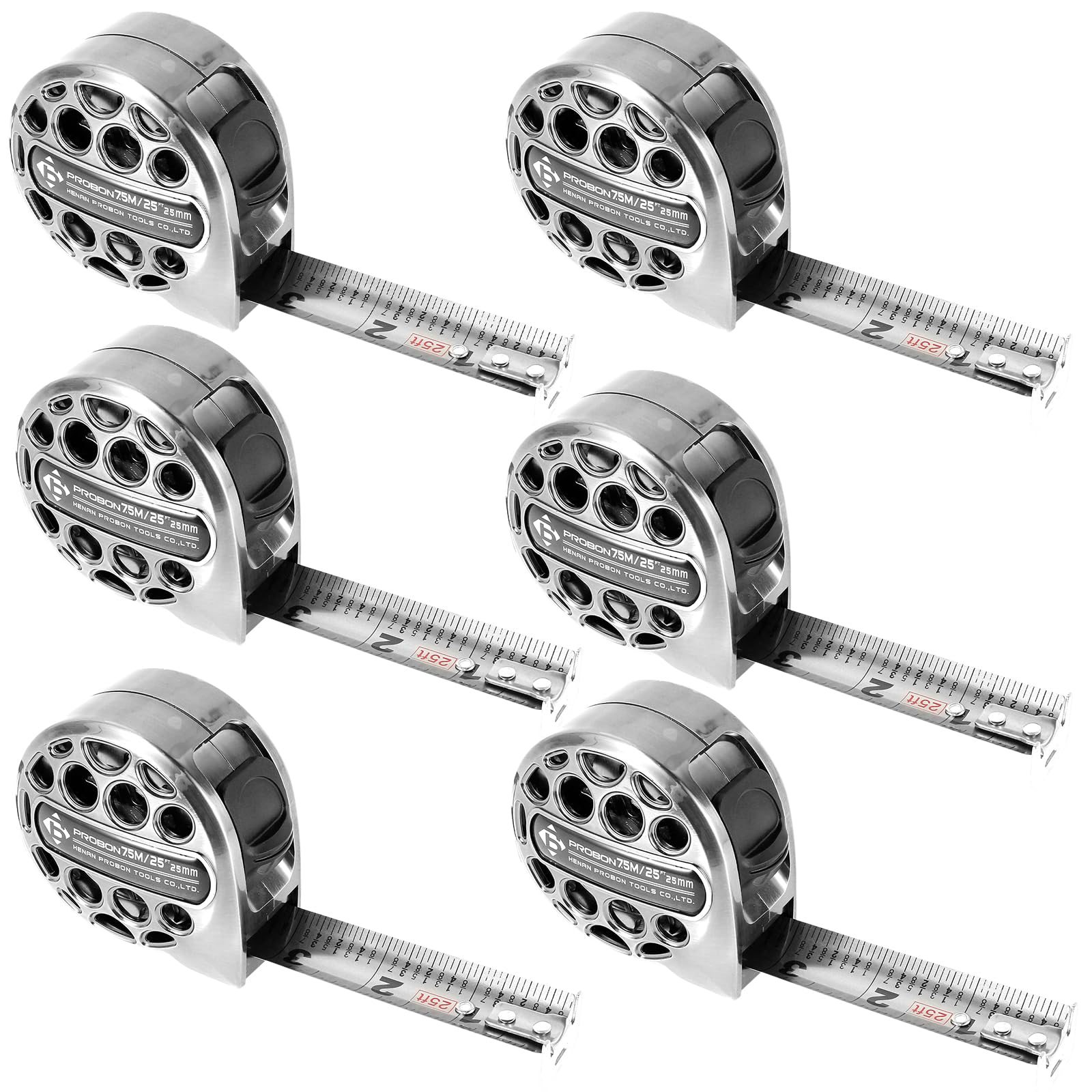 Confezione da 6 nastri di misurazione retrattili in acciaio inox, con doppia scala laterale, misura laser, per uso domestico, agricolo, industriale, lavorazione del legno (6)