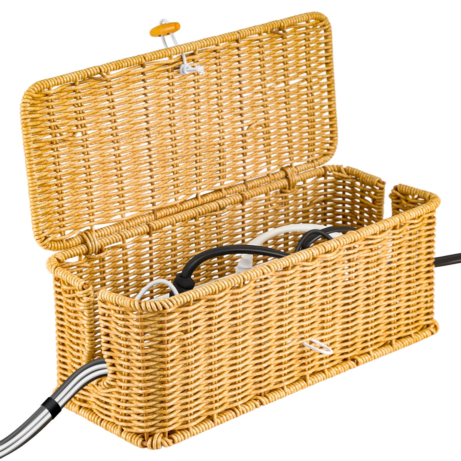 GREENSAPPIRE Handmade Rattan Cable Tidy Box – Stylish Cable Management Box & Under-Desk Cable Organiser Box with Lockable Lid, Side Openings for Power Strip, Home Wire Tidy Cable Box (Brown, 1PCS)