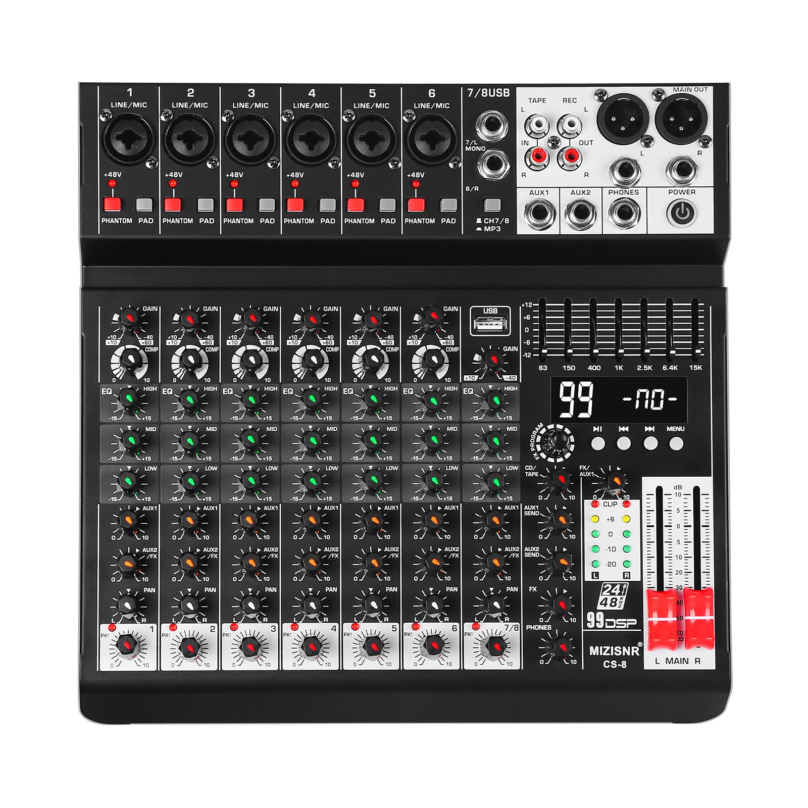 Audio-Mixer, 8-K-Sound-Mixer-Konsole, professionelles Musik-Mischpult, DJ-Mixer mit 99 DSP, 7-Band-EQ, USB, Bluetooth, 48 V Phantomspeisung & PAD-Funktion für Aufnahme von