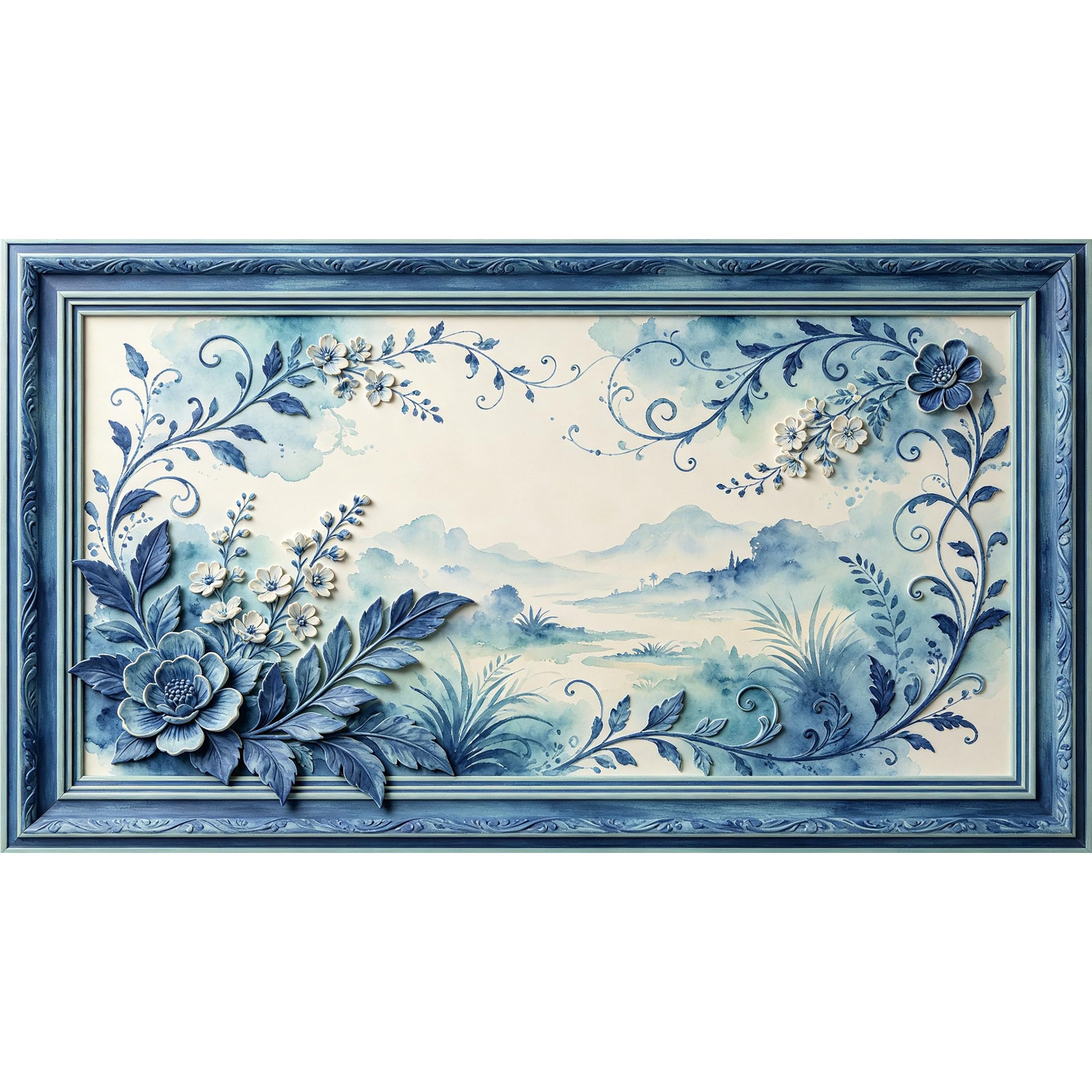 QZLITHOTIC 50×90cm3D Framed Wall Art， Blue Botanical Watercolor Landscape Mural， Water?Activated Peel & Stick Fabric Decor Wall Decal for Bedroom Living Room