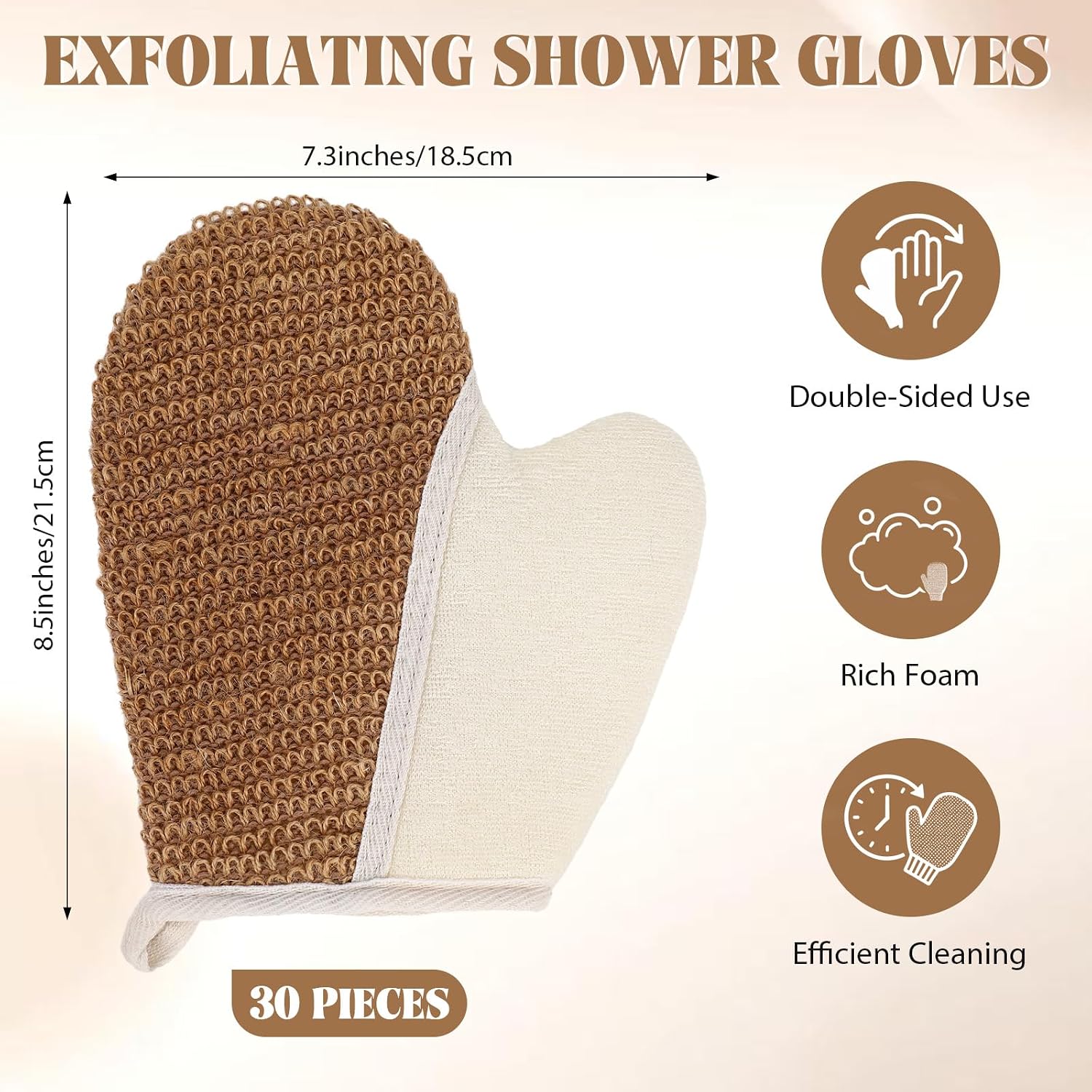 30 Pack Exfoliating Shower Gloves Jute Cotton Bath Mitts with Hanging Loop Deep Cleansing Body Scrubber Exfoliatorfor Body Bath Beauty Spa Massage Scrubs Men Women Bathing (Brown)