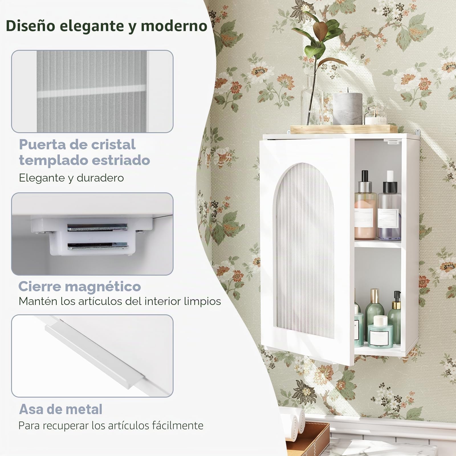 LIFEZEAL Mueble de baño de pared, mueble de cocina de pared, mueble colgante con puerta de cristal, estante ajustable, armario, armario, blanco, salvasapcio, moderno, de madera, 35 x 20 x 52,5 cm