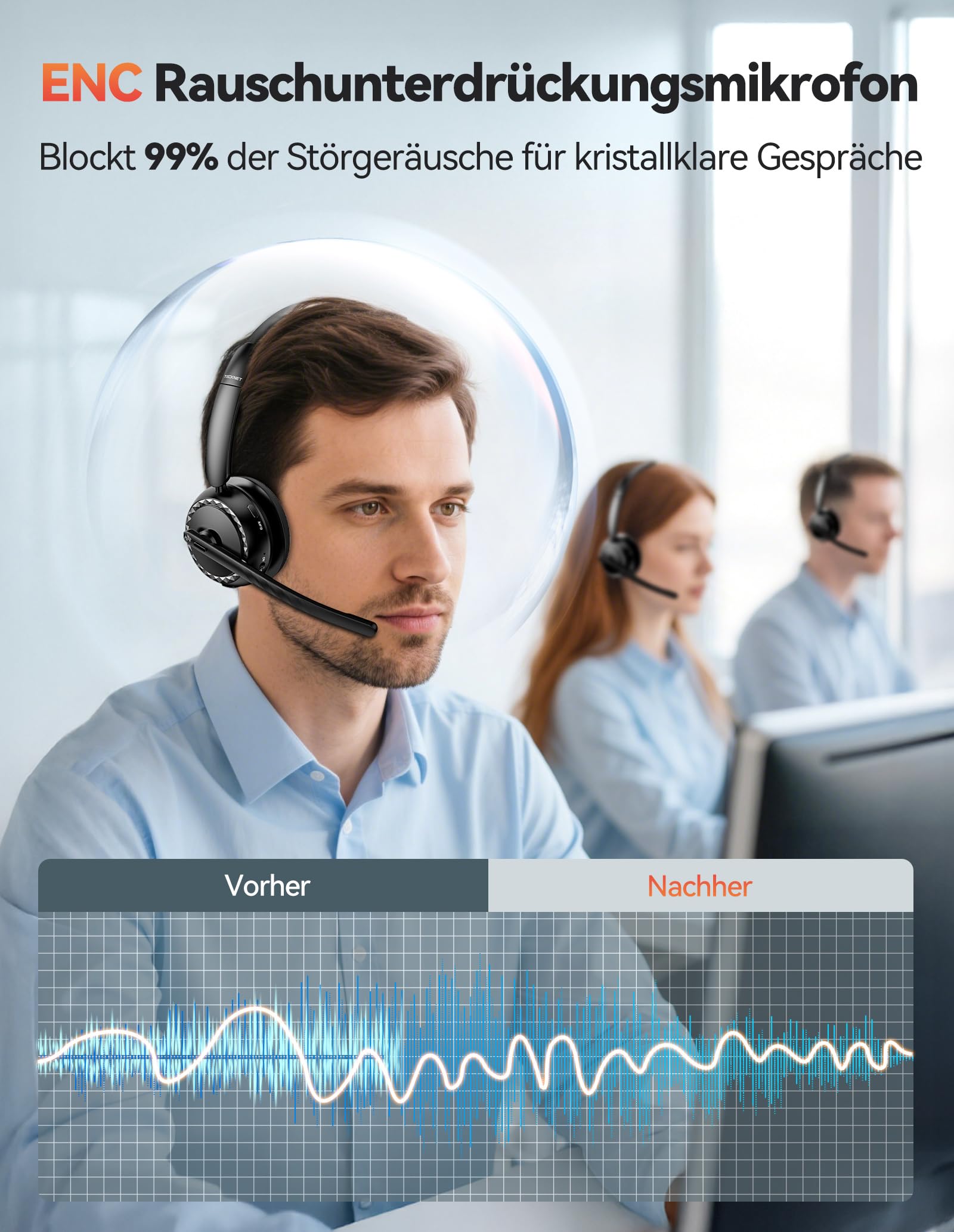 TECKNET V5.3 Bluetooth Headset mit Mikrofon, Wireless Headset mit AI Noise Cancelling Mikrofon, Ladestation, USB-Dongle, 55+ Std. Akku, Wiederaufladbar On-Ear Kopfhörer für Büro, Home, Callcenter