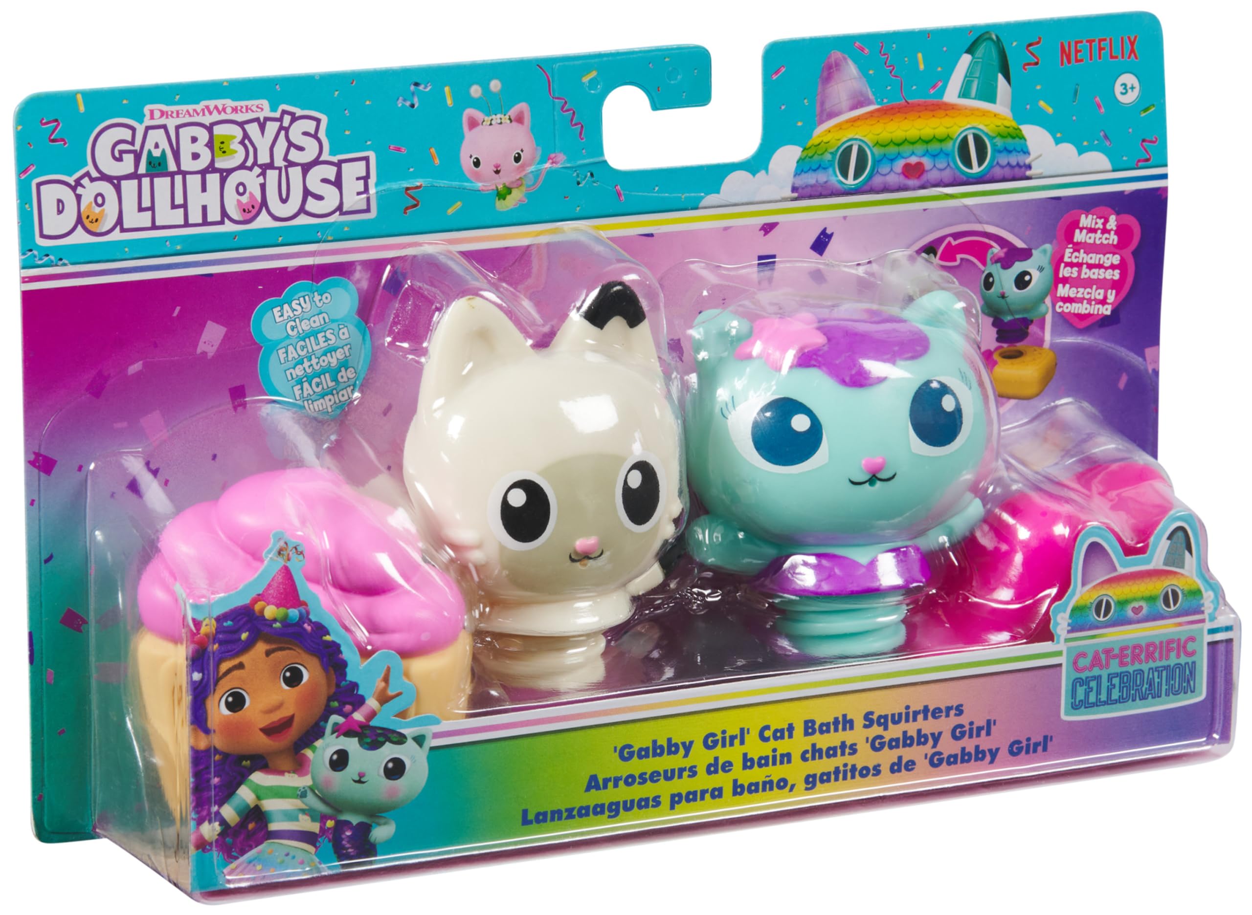 Gabby's Dollhouse: Gabby Cat Bath Squirters, Mercat & Pandy Paws Pływające zabawki do kąpieli dla małych dzieci dla dziewczynek i chłopców w wieku od 3 lat