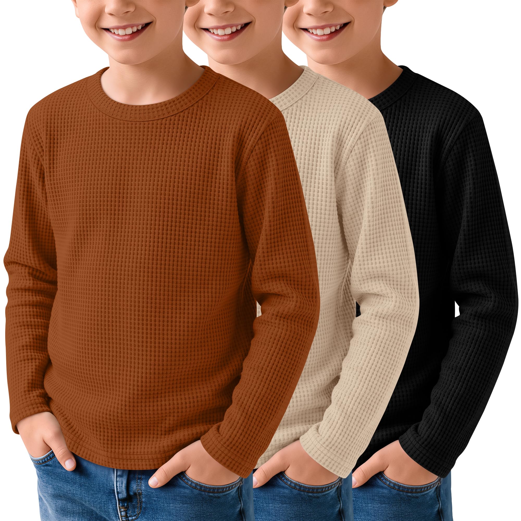 3 Pack Boys Waffle Shirts Kid Long Sleeve Warm Tops