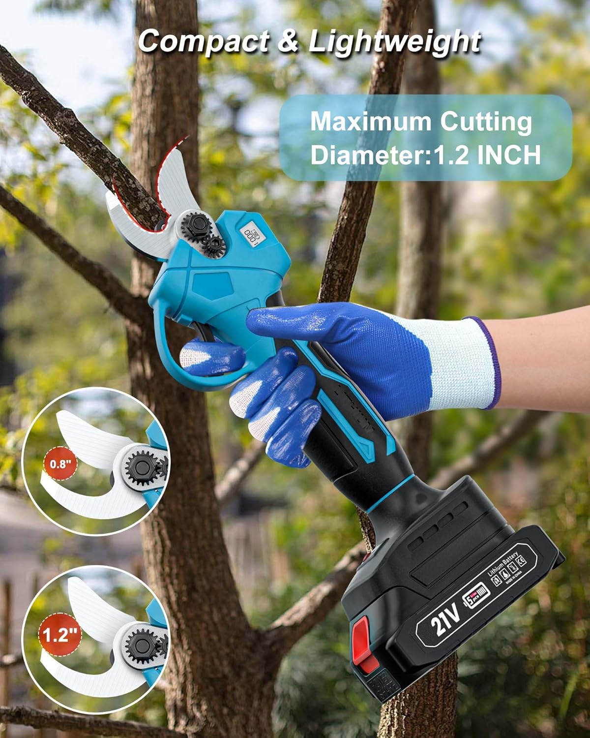 21V Cordless Electric Pruning Shears, Adjustable Cutting Diameter 0.8-1.2 IN Cordless Electric Branch Trimmer, Portable Pruning Shears for Garden with LCD Display and SK5 Blades(Two Battery)