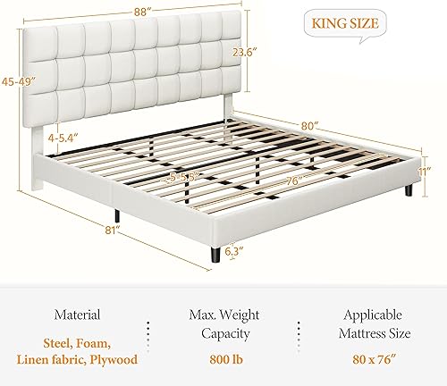 Miniatura 3 de Yaheetech Base de cama tapizada tamaño King, base de cama de plataforma con cabecera cuadrada de tela capitoné ajustable en altura ajustable,